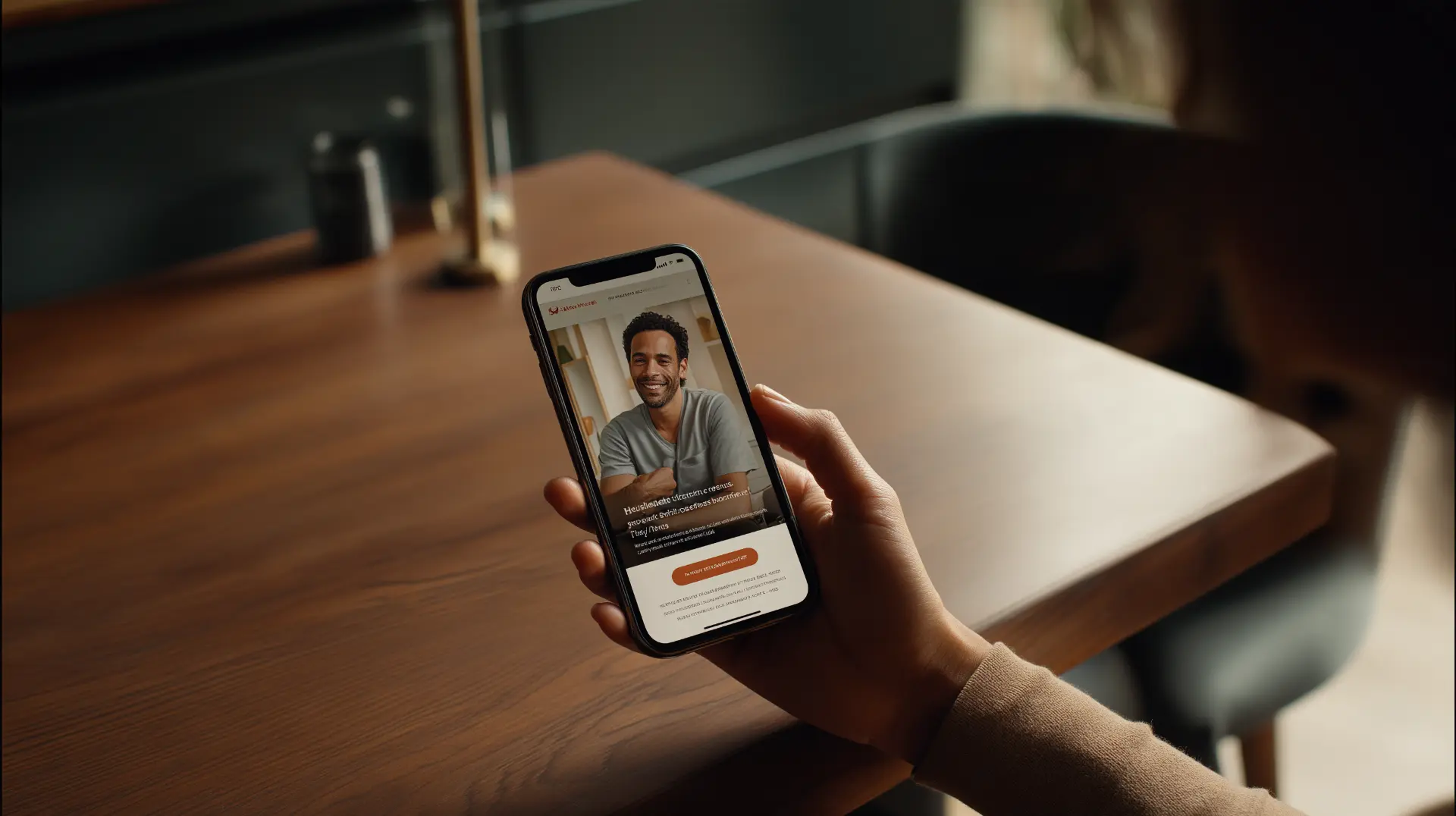 Hand holding a phone showing a dental practice website with a smiling patient photo and one prominent smile simulator button, illustrating the button placement on a mobile-friendly practice website