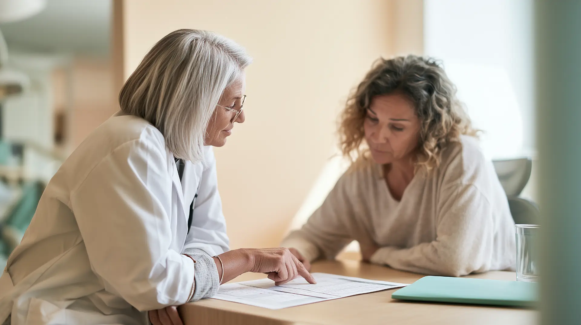 Dentist and patient reviewing a printed dental treatment plan together at a consultation desk