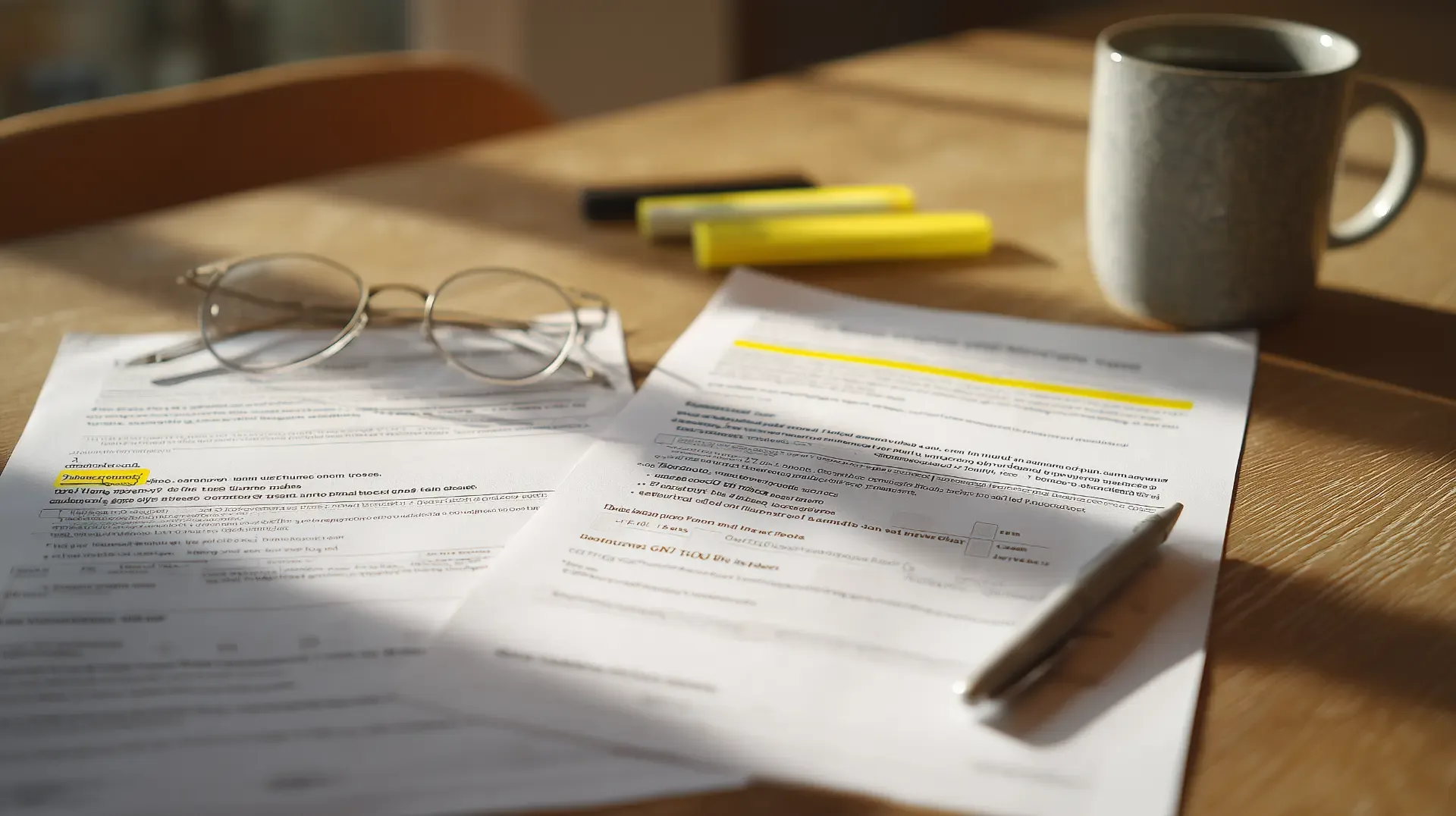 Overhead view of two printed dental implant treatment plans with highlighted cost lines, reading glasses, and highlighters on a wooden table while comparing how much dental implants cost