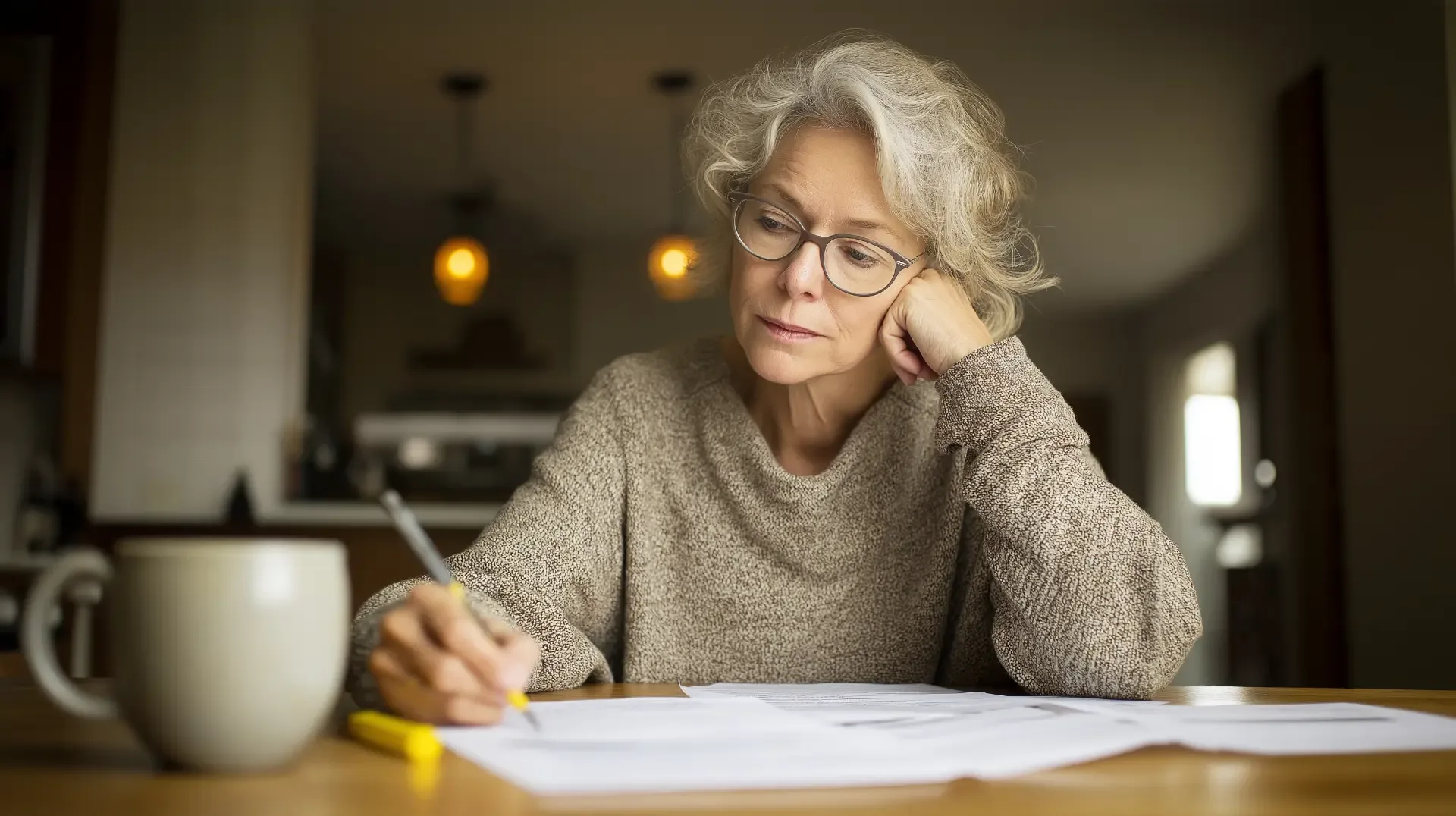 Woman in her 60s taking notes on Medicare Advantage plan paperwork with a highlighter beside her while comparing dental implant coverage at home