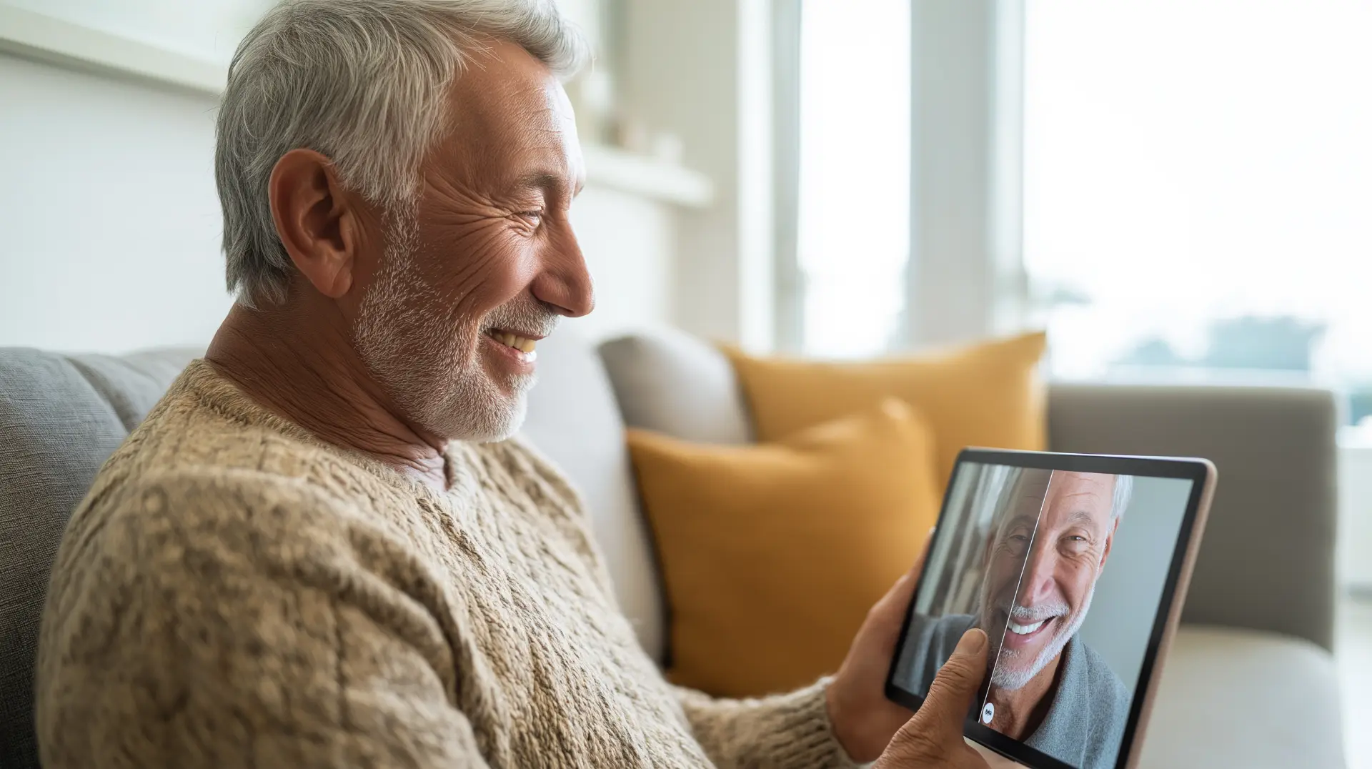 Older man with a gray beard smiling at a tablet held in both hands, its screen showing a before-and-after slider of his own smile, comparing a smile simulator preview with a dental before-and-after gallery