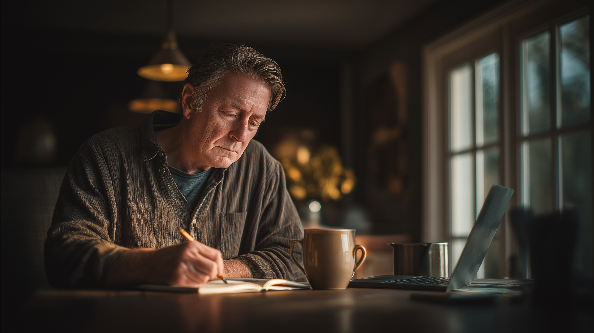 Patient writing a list of questions in a notebook at home to prepare for a dental implant consultation