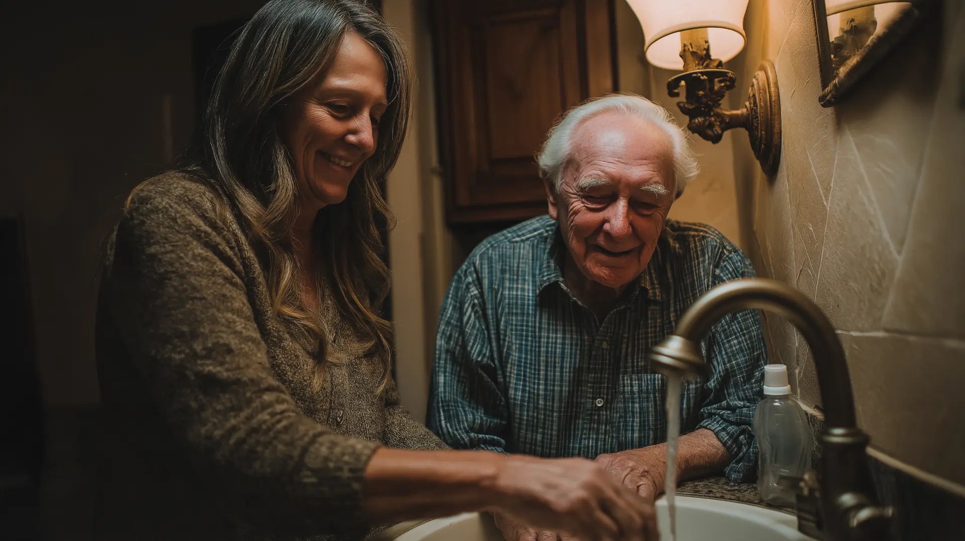Caregiver helping an elderly man clean his partial denture — denture care and oral hygiene support for seniors