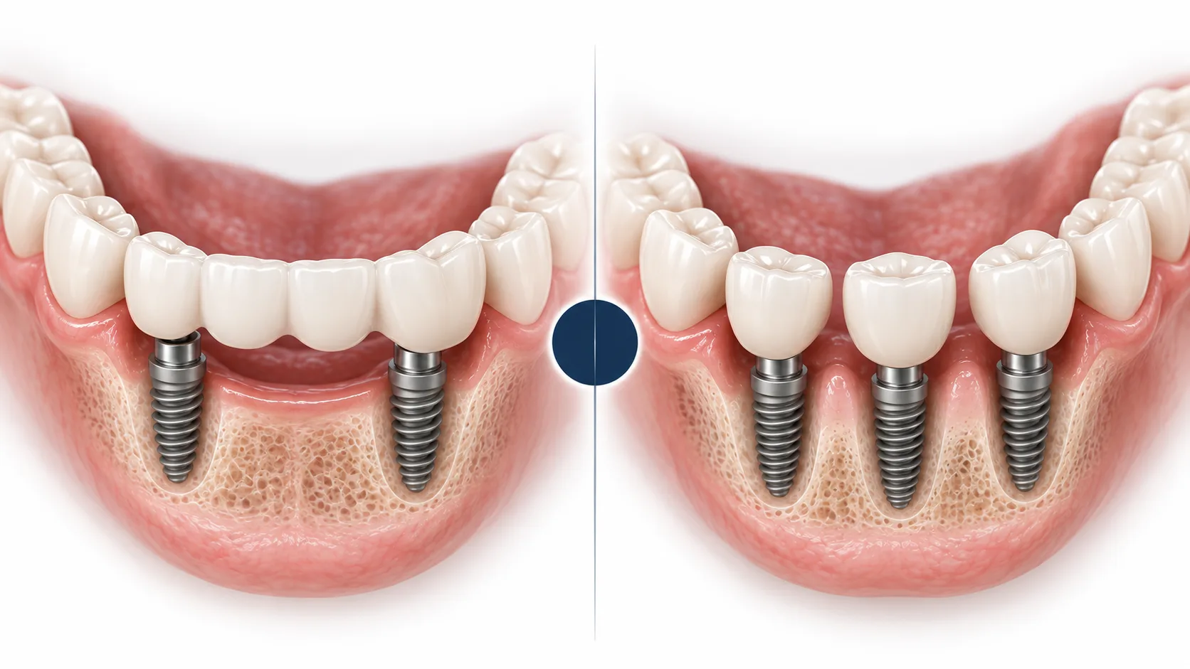 Side-by-side illustration comparing an implant-supported bridge, two implants carrying a row of connected crowns, with individual implants, three posts each holding its own crown, set in a cross-section of the lower jaw
