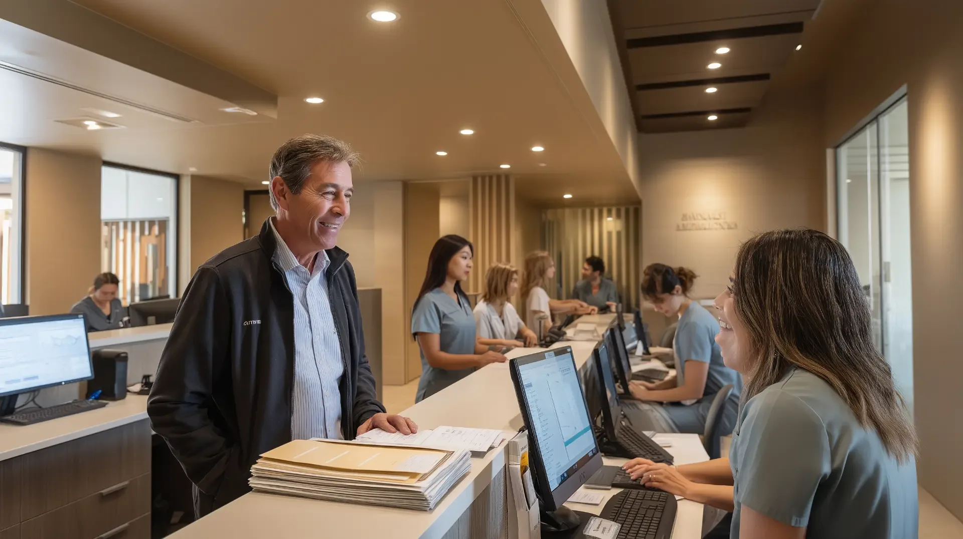 Smiling man in his 50s presenting a stack of dental paperwork at a busy office reception counter, the front desk check-in before an Aspen Dental implant consultation