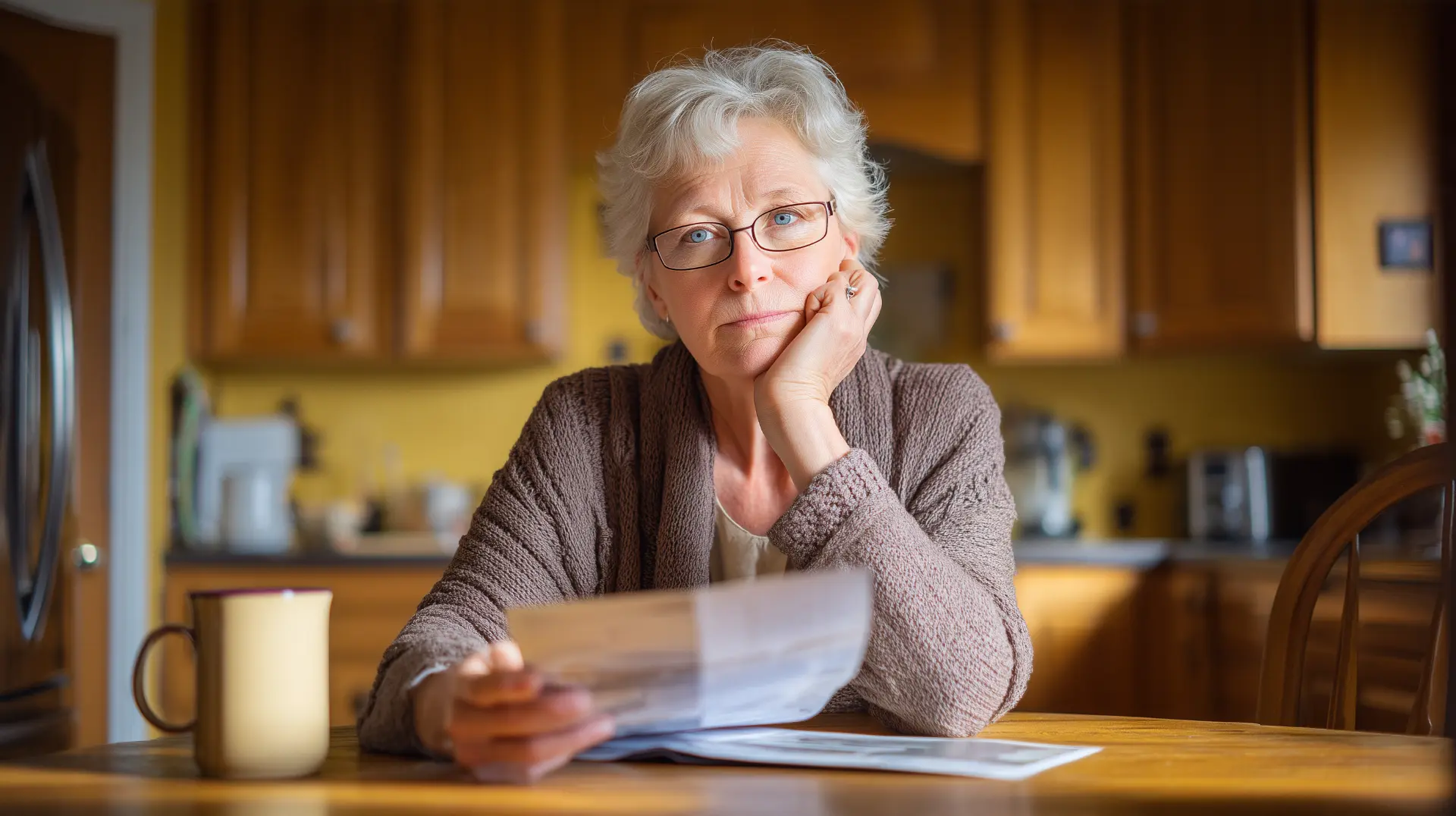 Woman in her 60s reviewing dental insurance paperwork to check All-on-4 dental implant coverage at her kitchen table