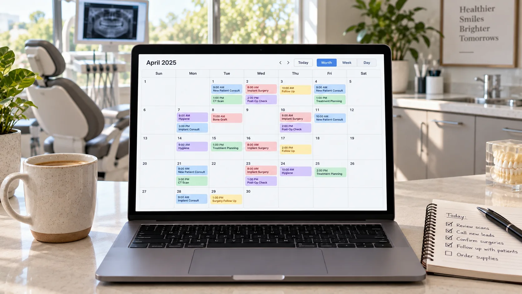 Laptop on a dental office counter showing a month of color-coded implant consults, CT scans, surgery, and follow-up appointments, a handwritten Today checklist beside it with follow up with patients still unchecked, the six touches over two weeks that nothing is left to anyone remembering