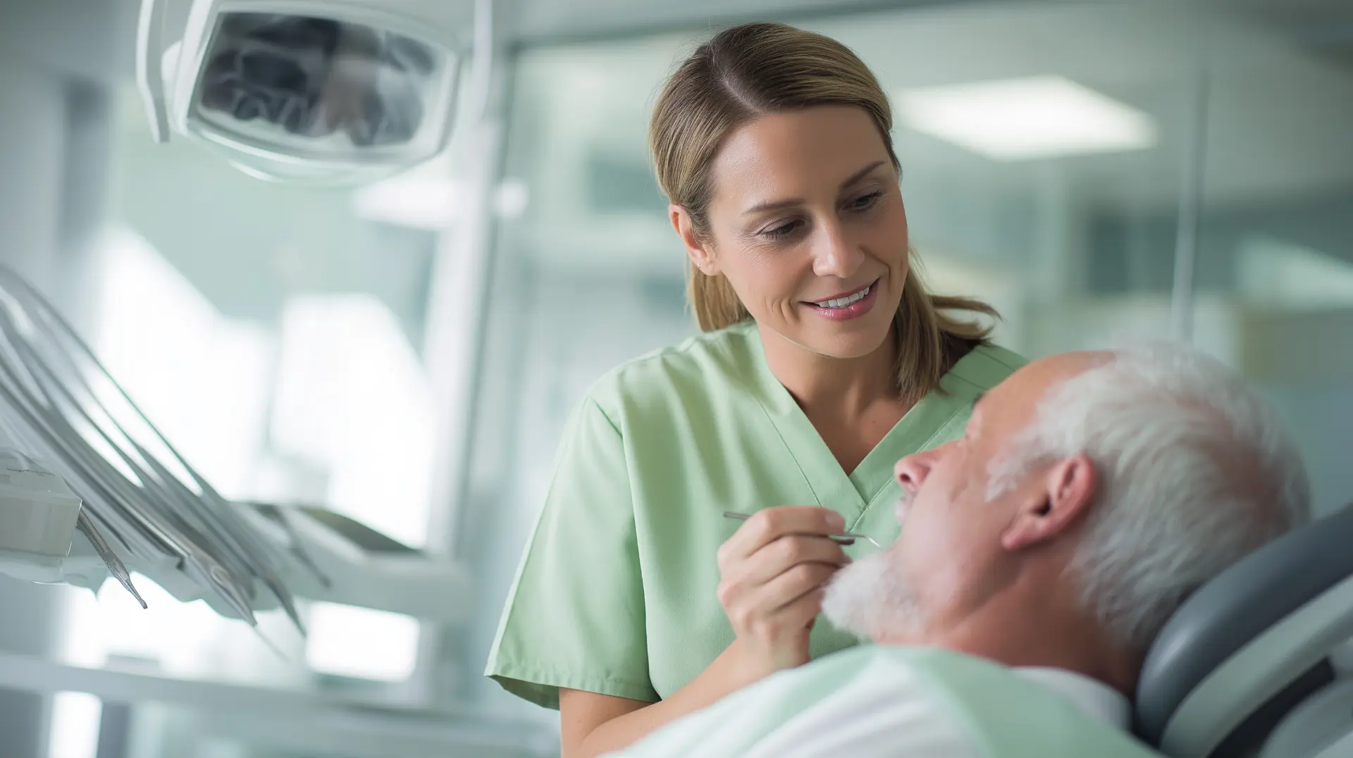 Dental hygienist performing a periodontal exam on a senior patient — gum disease screening for adults over 60