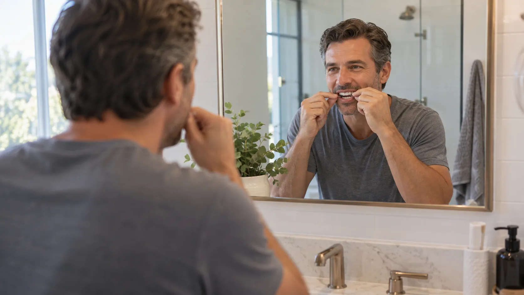 Man flossing his upper teeth in a bathroom mirror, the daily floss-only cleaning that keeps individual implant crowns and the space under an implant bridge free of inflammation