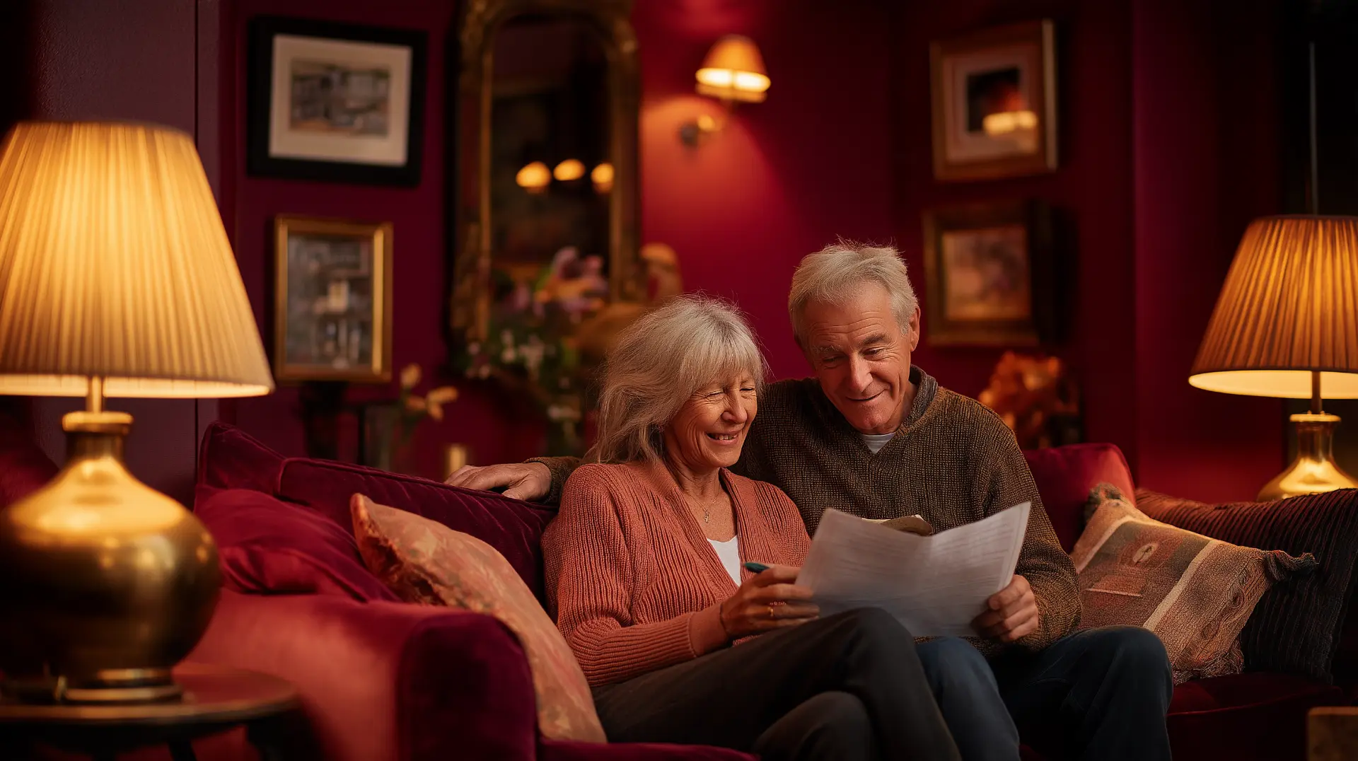 Senior couple checking whether dental insurance covers All-on-4 implants by reviewing coverage paperwork on their living room sofa