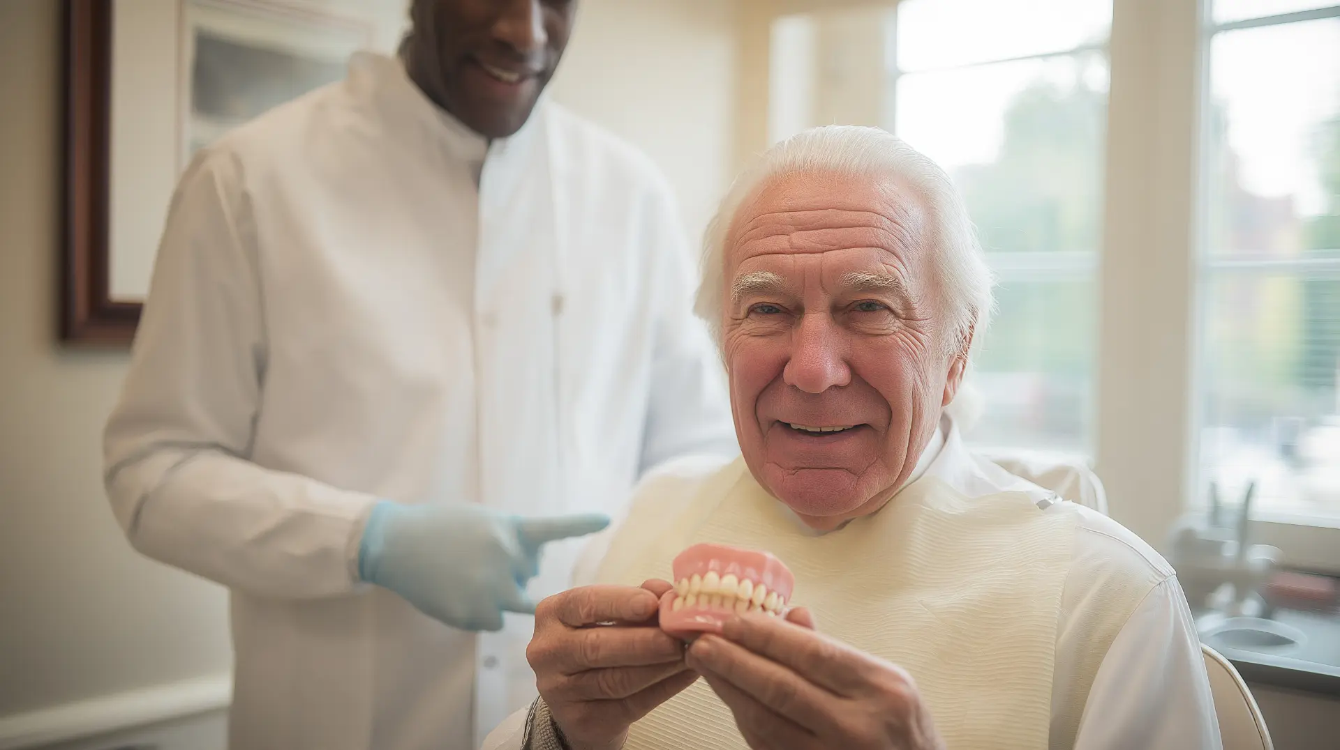 Senior man reviewing free and low-cost denture options with a dentist during a dental clinic consultation