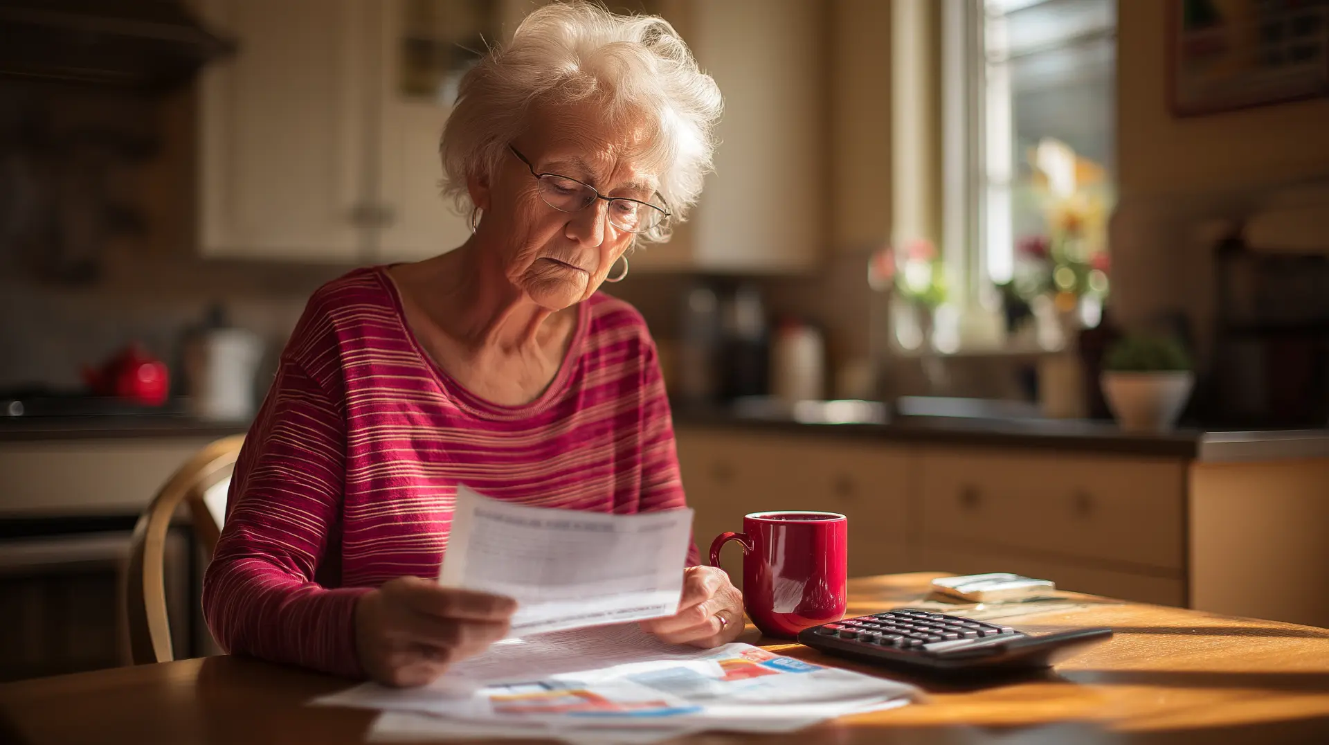 Senior woman reviewing a dental treatment estimate after Medicare enrollment, with a Medicare card and calculator on a kitchen table