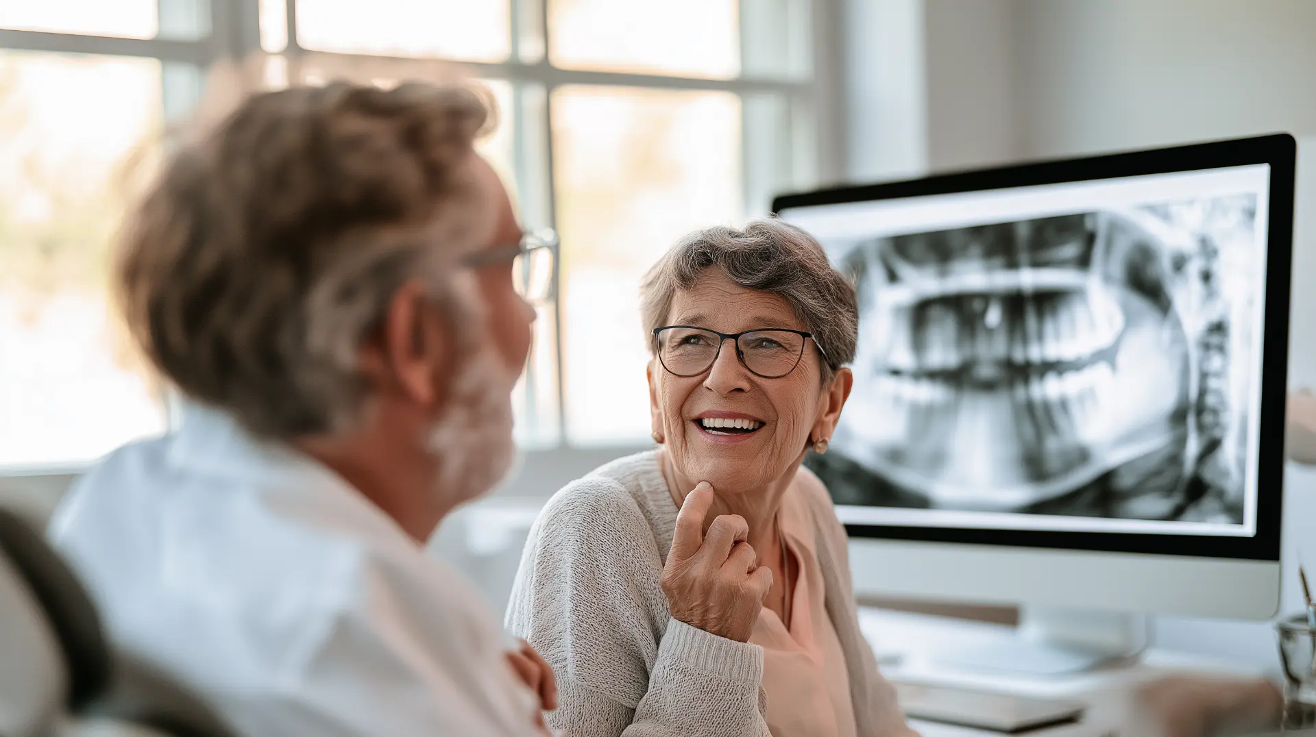 Older patient discussing implant-supported dentures with her dentist while reviewing a dental x-ray