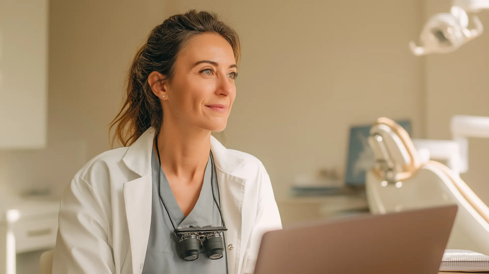 Dentist in a white coat with loupes around her neck looking up from a laptop in a bright dental clinic, deciding between a marketing agency, an in-house hire, or a freelancer
