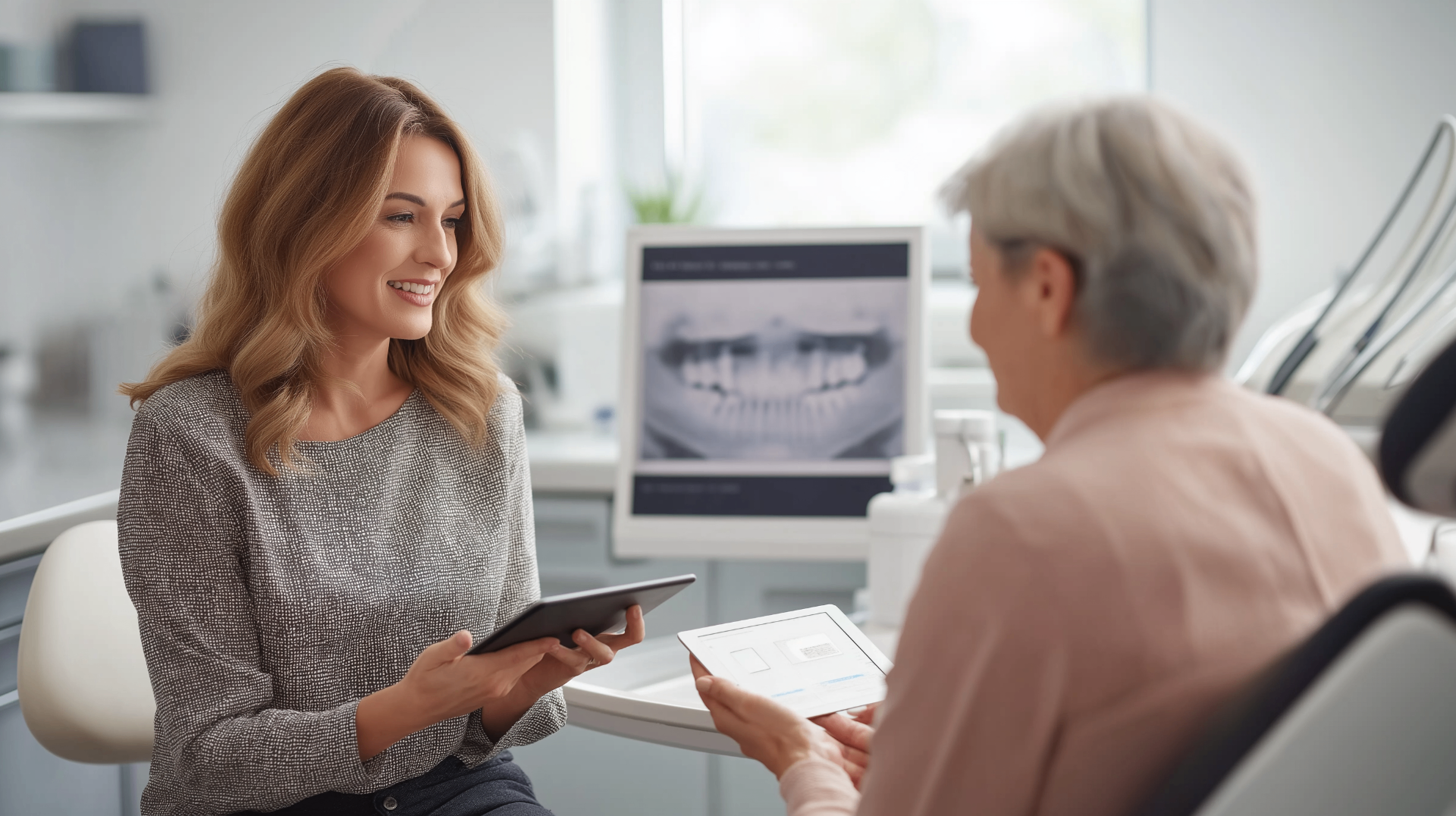 Dental treatment coordinator reviewing patient financing options on a tablet with an implant patient