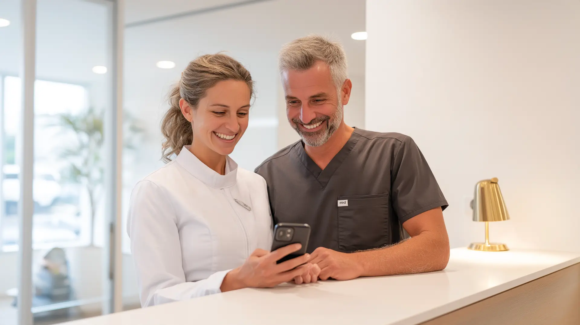 Smiling dentist and team member at the front desk checking smile simulator previews and new consultation bookings on a phone, tracking results from the free smile simulator on their dental website