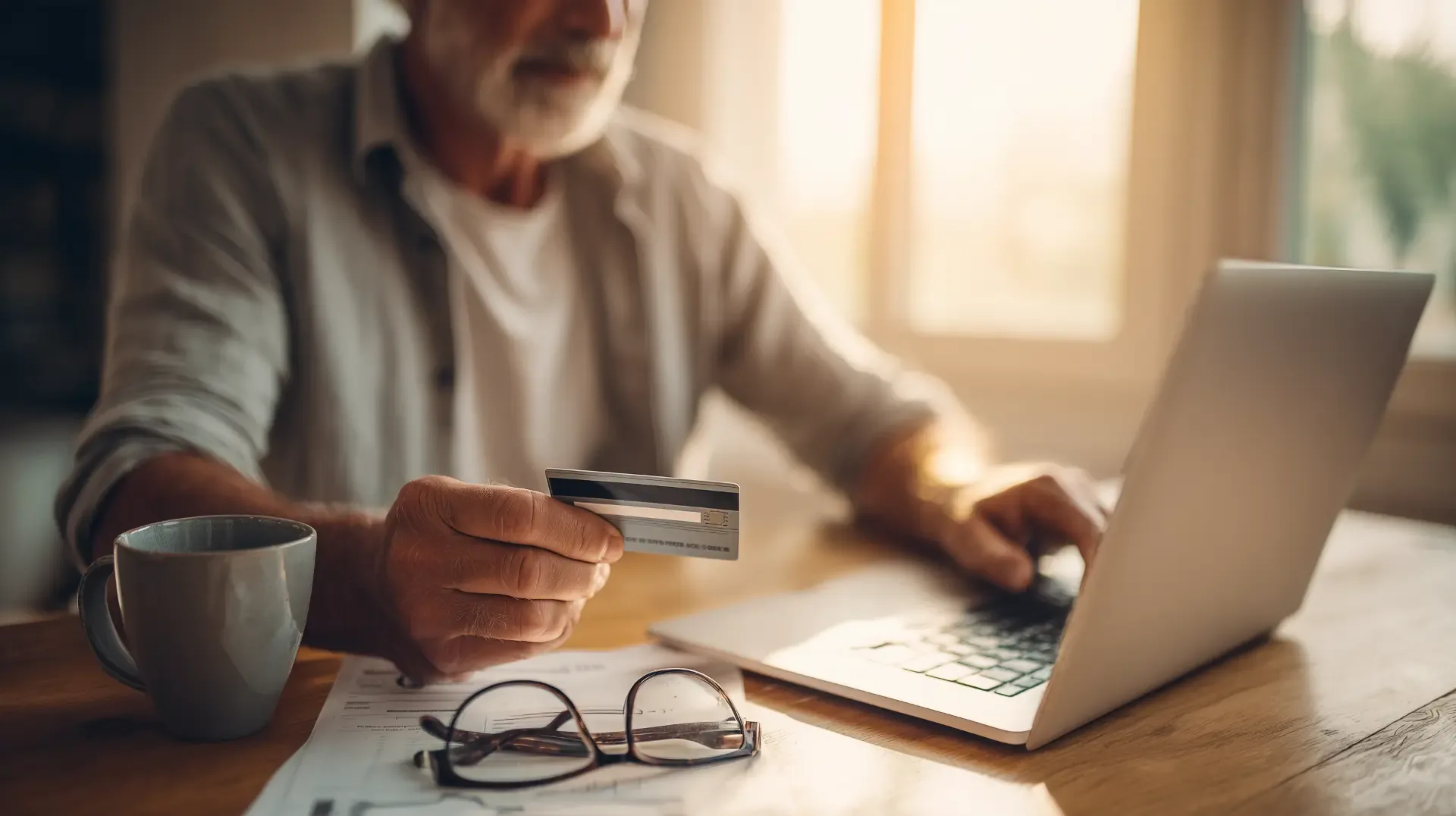 Older man holding a credit card above dental implant cost paperwork while comparing HSA and FSA payment options on his laptop
