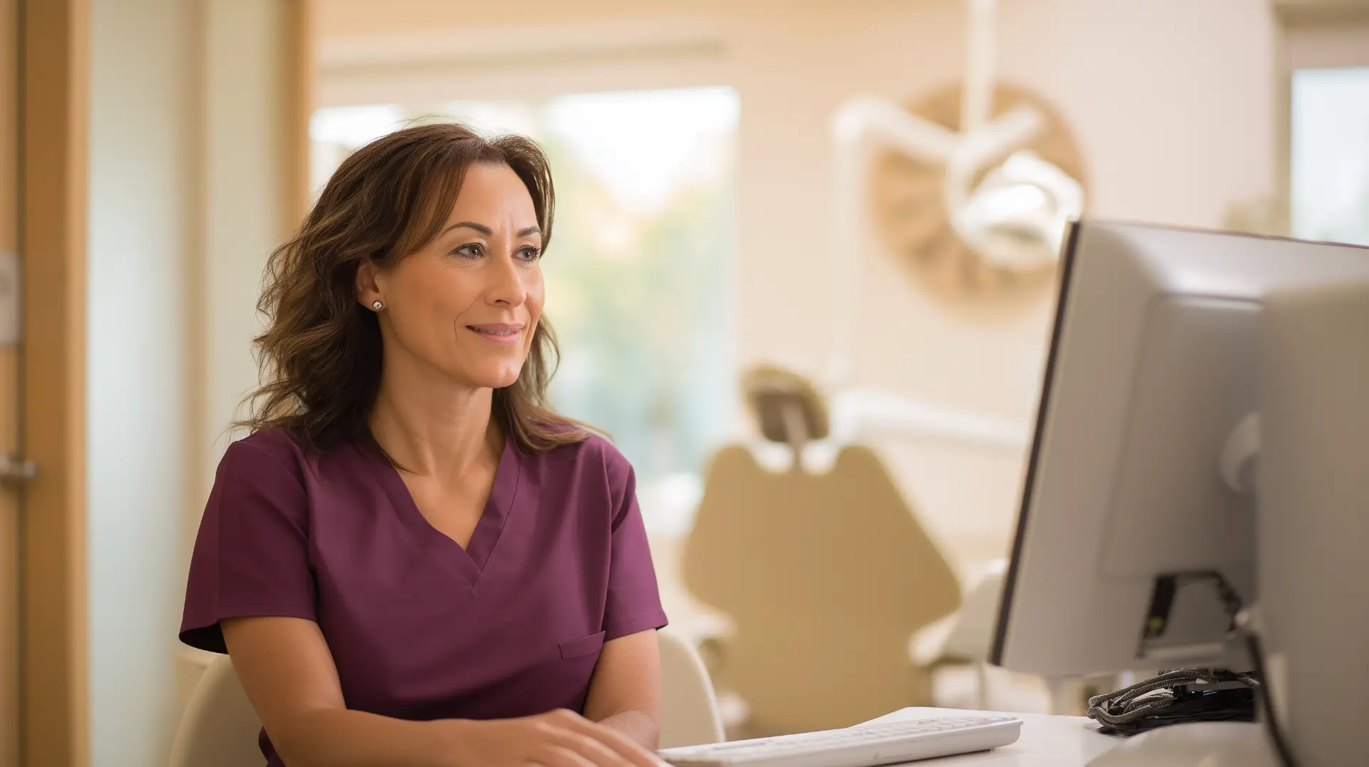 Dental office manager in scrubs adding a smile simulator button to her practice website at the front desk, bright dental office behind her