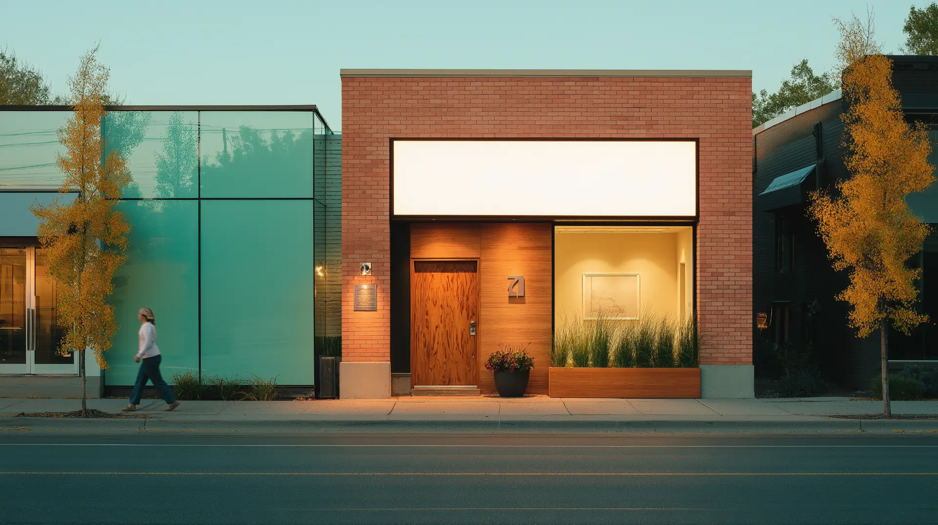 Modern dental office exterior at dusk with brick and teal glass facade, representing independent and chain implant practices