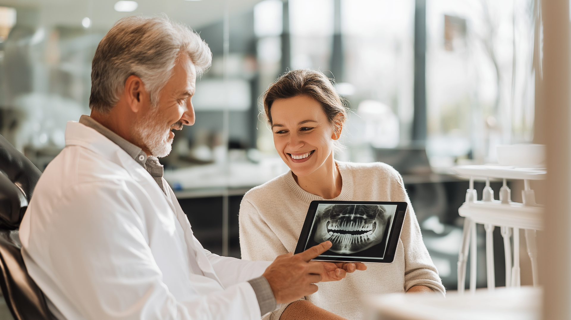 Dentist showing dental X-ray on a tablet to a smiling patient during an implant consultation