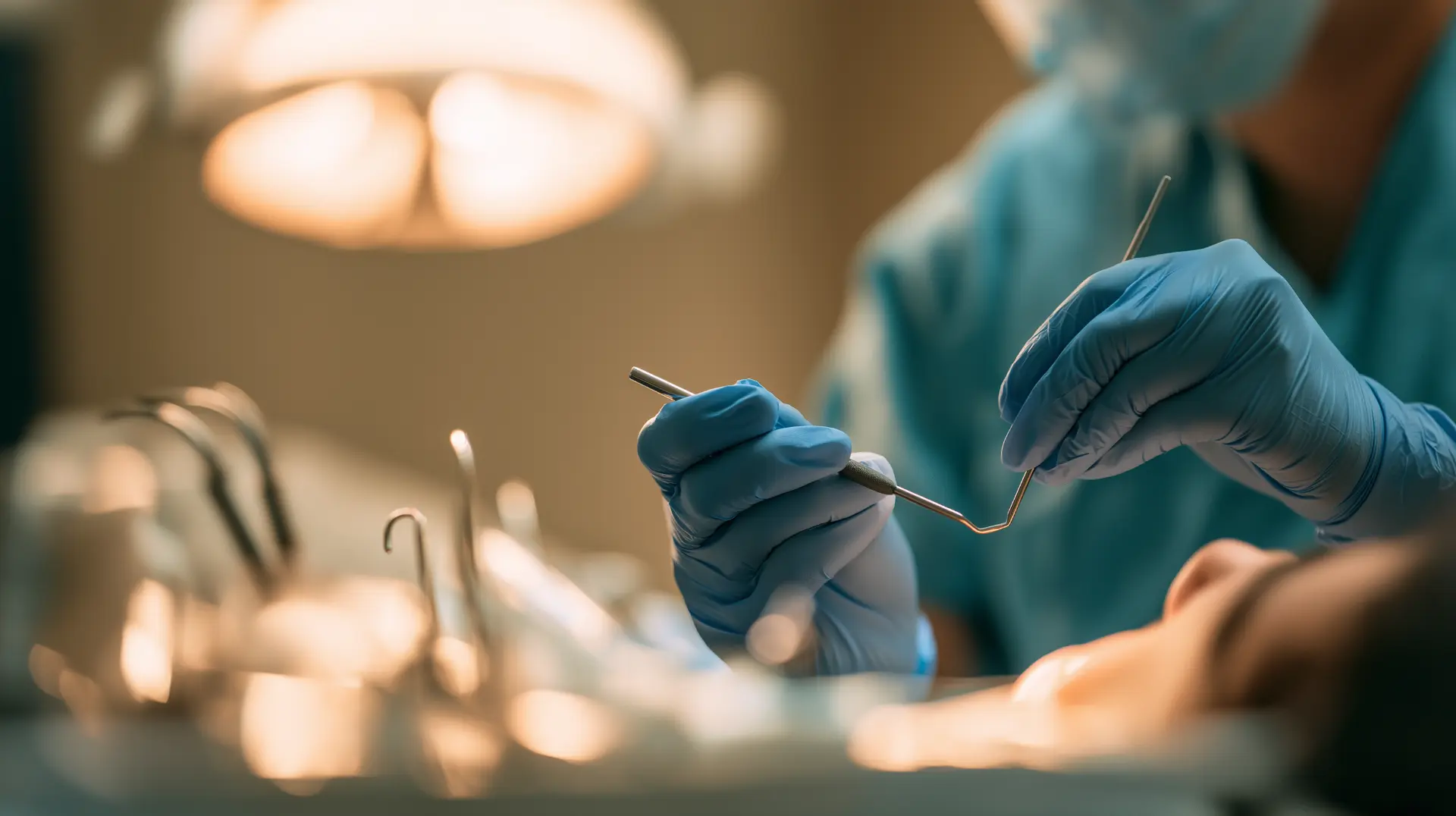 Dentist's gloved hands holding a dental probe beside a reclined patient during an implant checkup