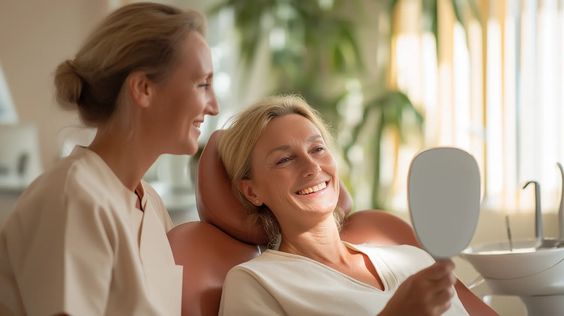 Smiling patient viewing her final All-on-4 zirconia teeth in a handheld mirror at the delivery appointment after temporary teeth