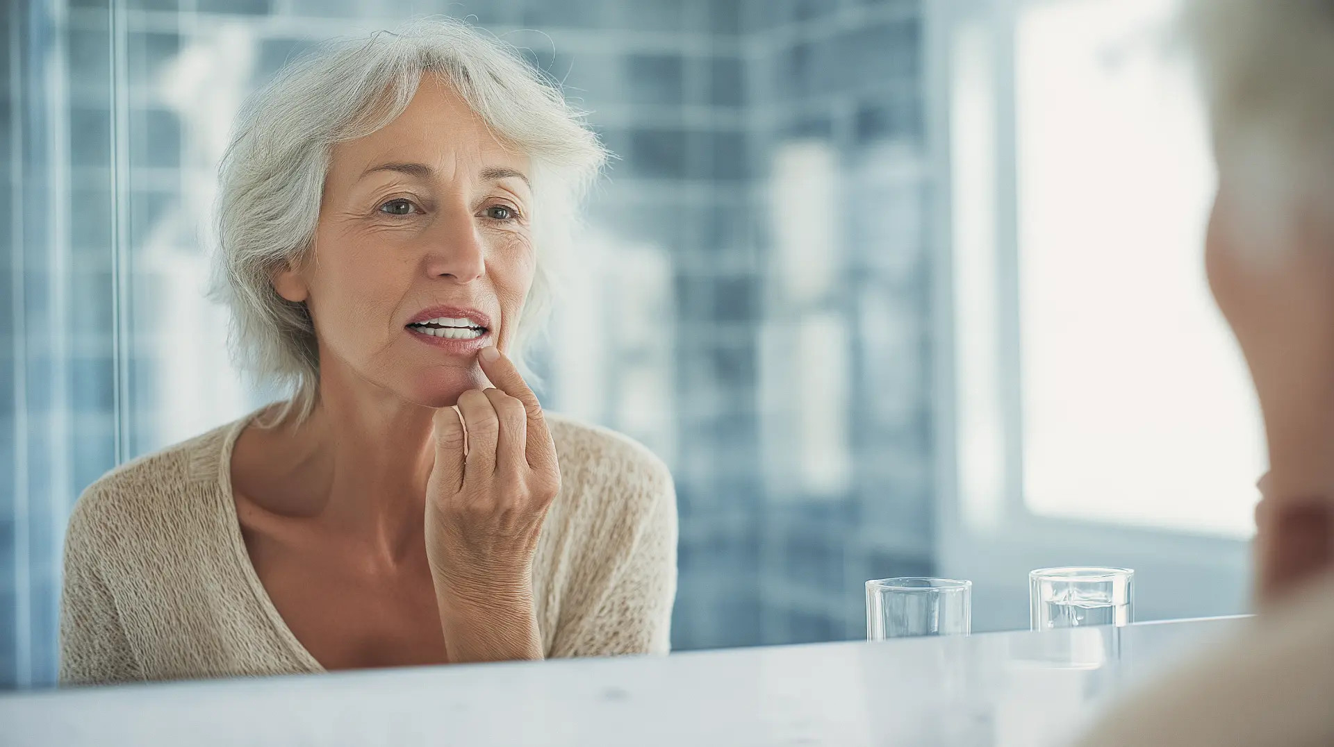 Woman in her 60s checking her gumline at the bathroom mirror — daily oral health care for seniors over 60