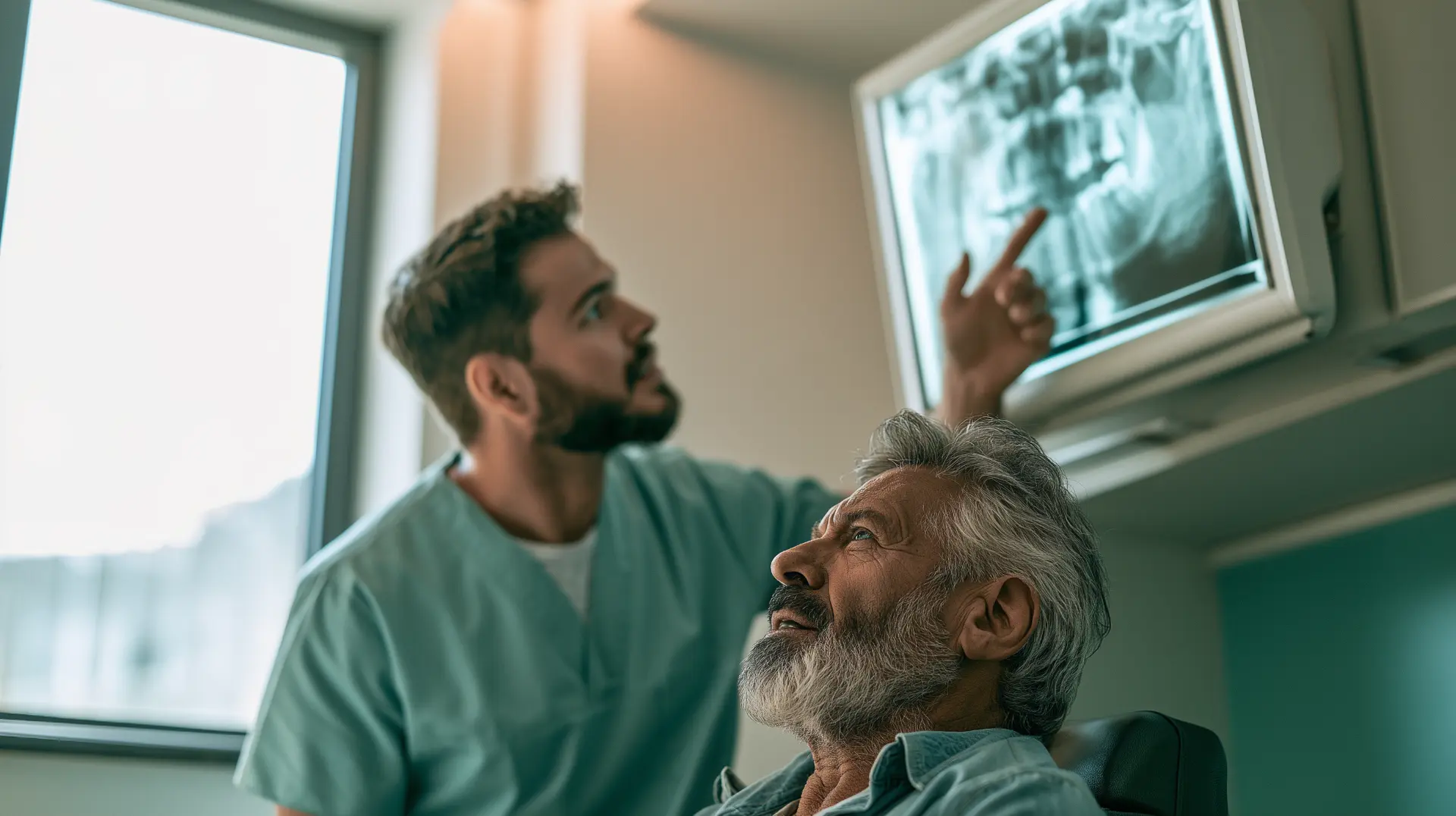 Dentist pointing to a panoramic dental X-ray on a wall viewer while a seated patient looks on during an implant consultation