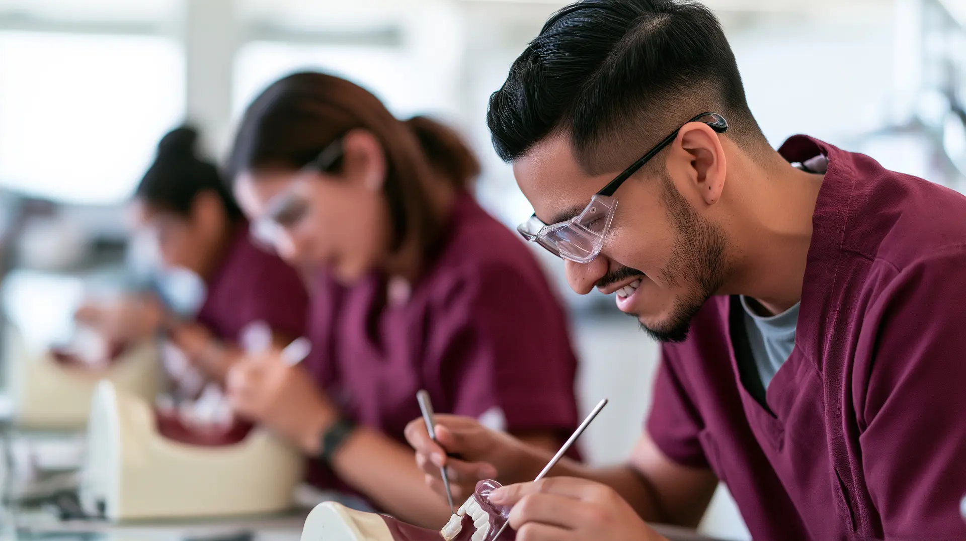 Dental students in maroon scrubs and safety glasses practicing on typodont models in a preclinical lab, the dental students the $1,000 Dental Implant Directory scholarship supports
