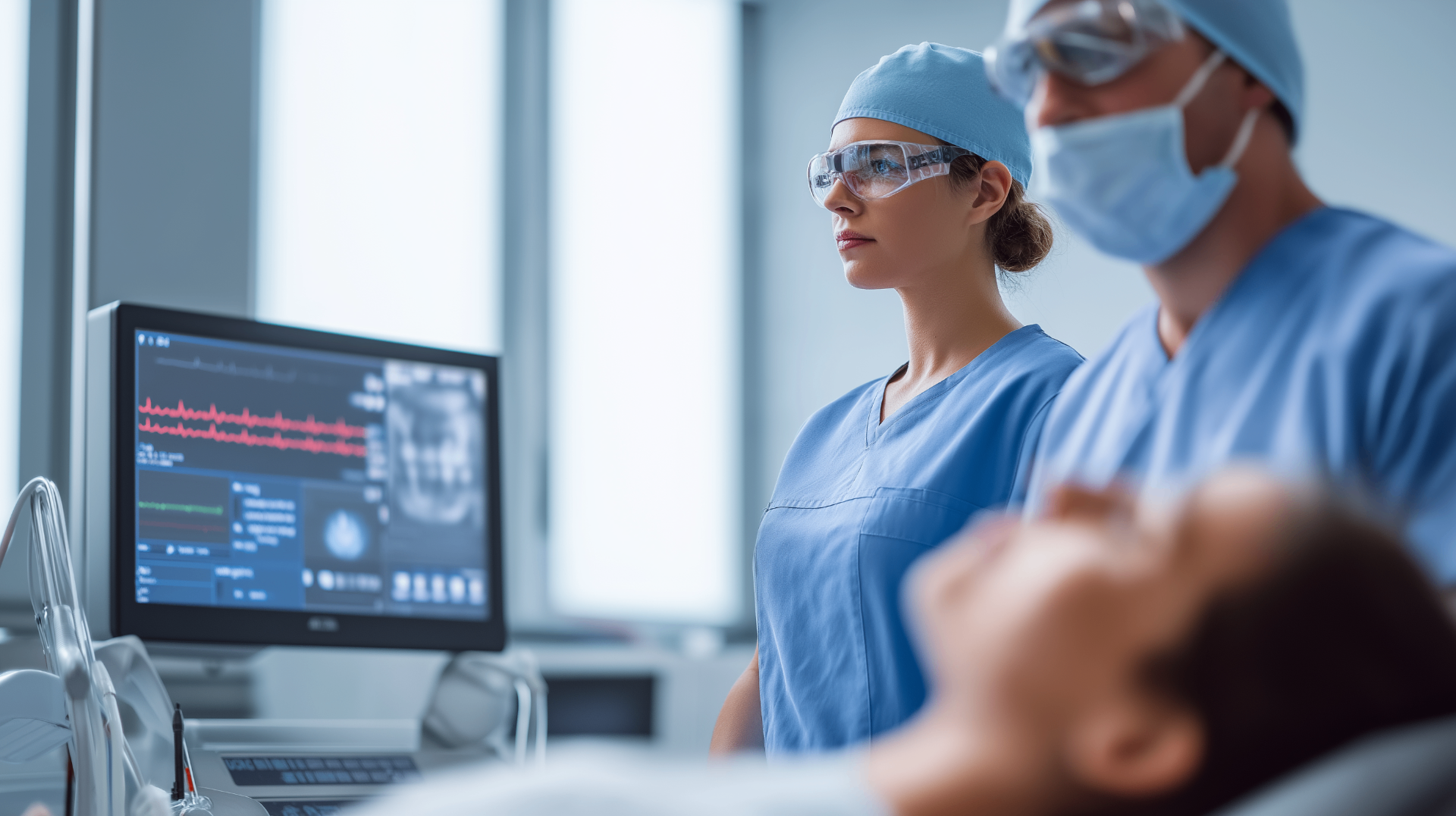 Implant dentist and assistant monitoring a sedated patient's vital signs on a screen during an IV sedation procedure