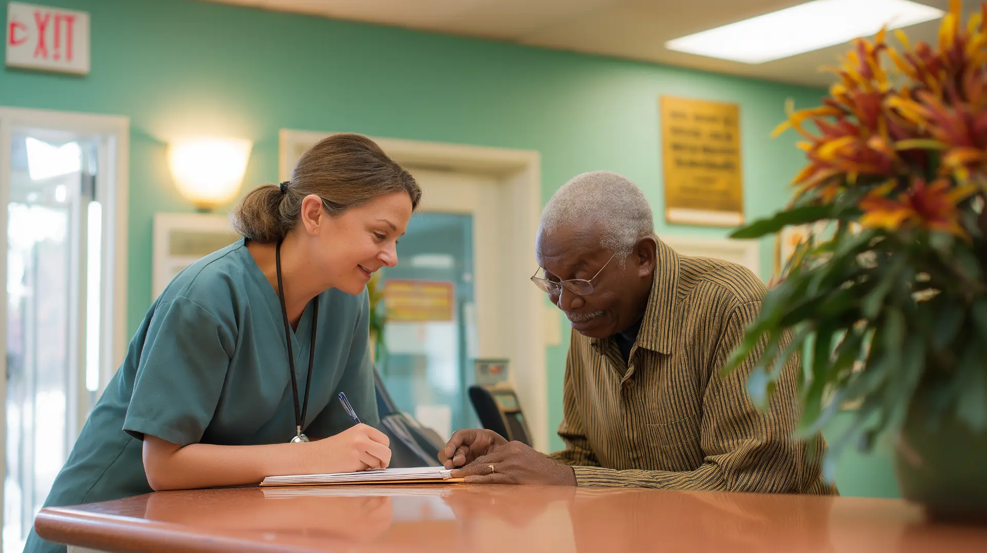 Community health center staff helping a senior man complete a sliding-fee dental care application at the front desk