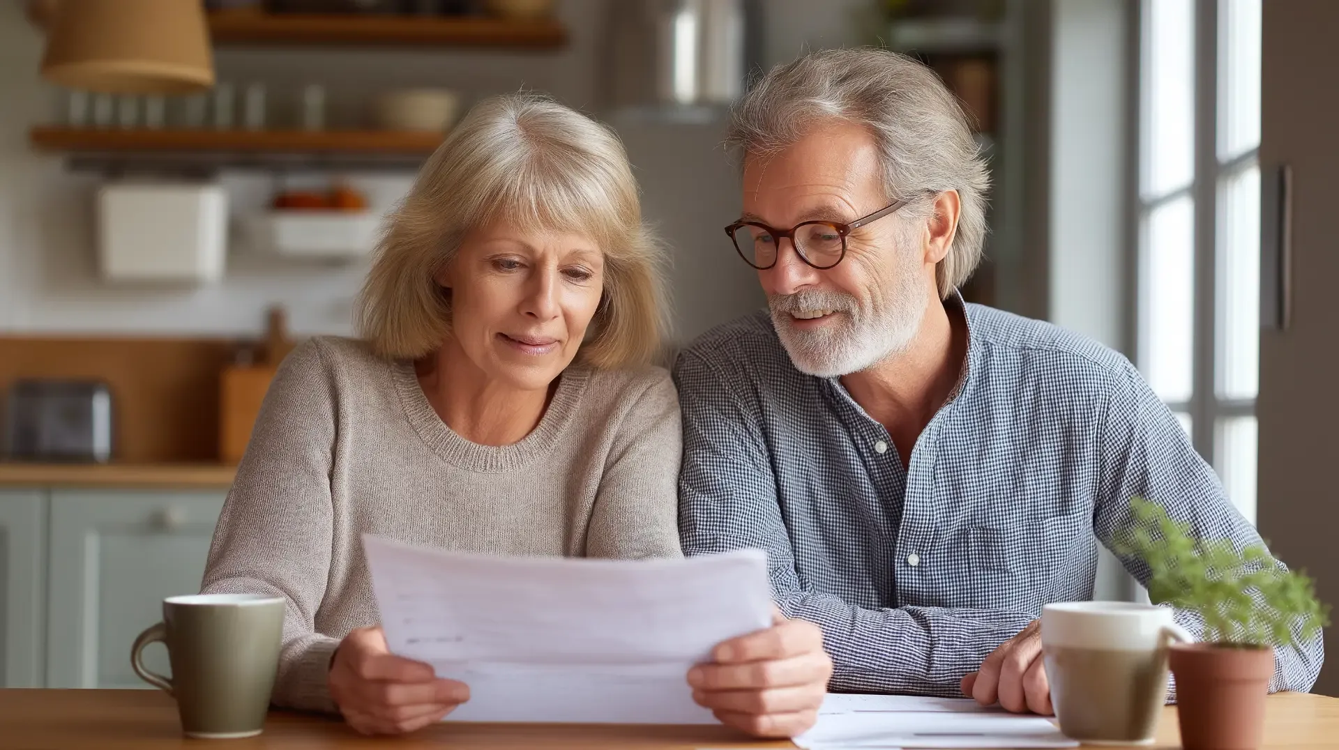 Older couple at their kitchen table reading a printed page about dental implant financing together, comparing which practice near them will actually set up a payment plan