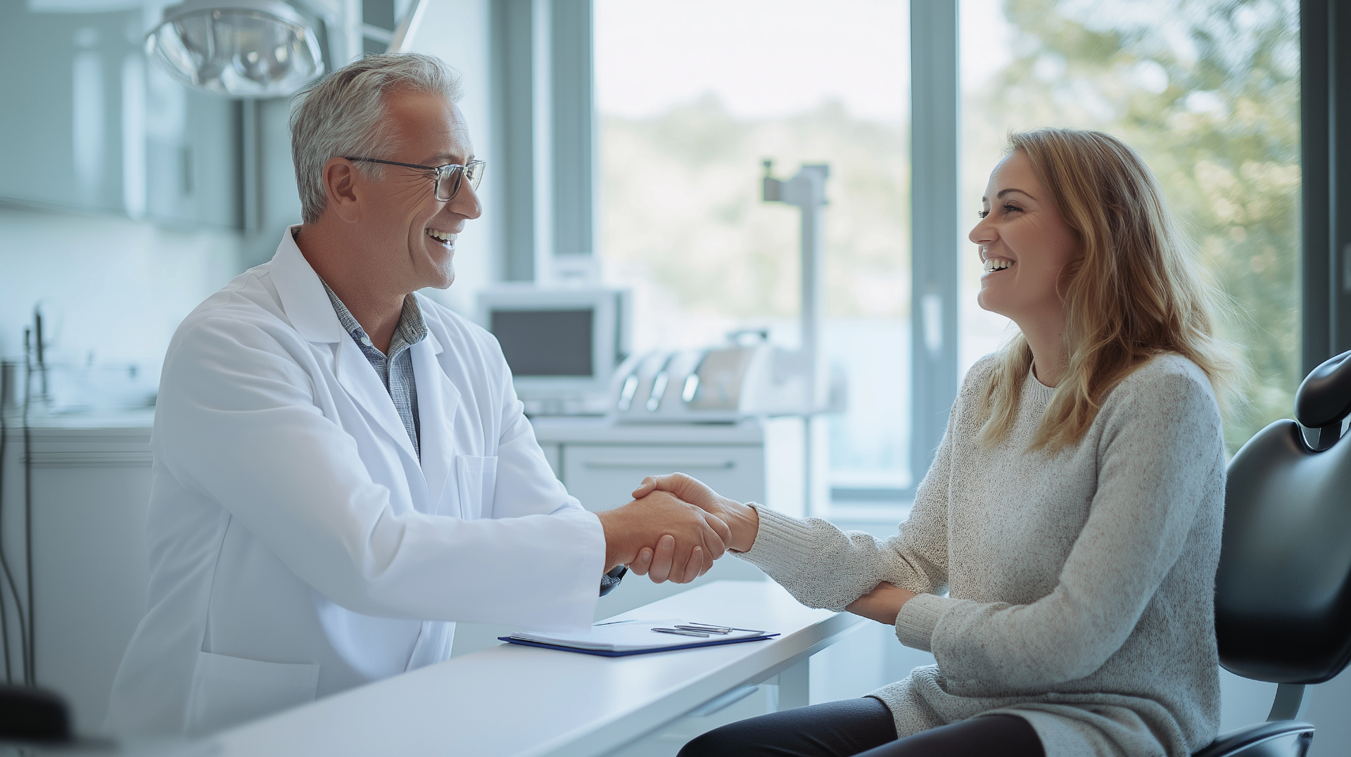 Dentist shaking hands with a smiling implant patient after agreeing to treatment