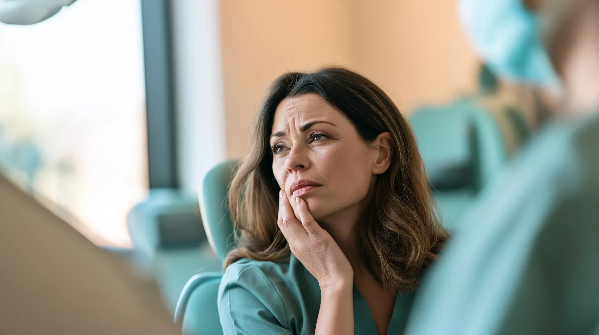 Woman touching her jaw in discomfort while seated in a dental chair during an implant examination
