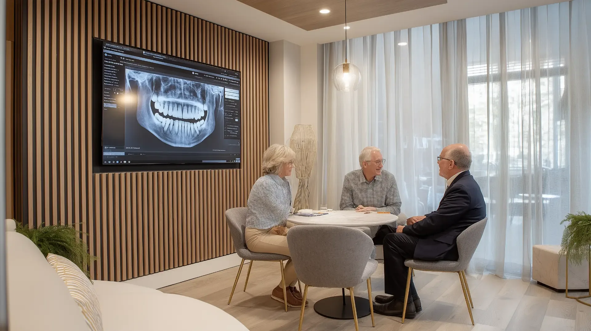Older couple reviewing a panoramic dental X-ray with an implant consultant during a ClearChoice full-arch dental implant consultation
