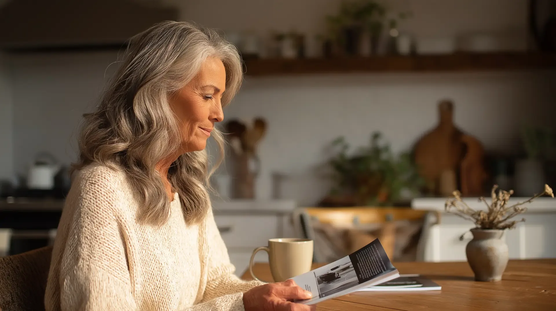 Older woman in a cream sweater reading a Medicare Advantage plan booklet at her kitchen table while comparing dental implant coverage during open enrollment