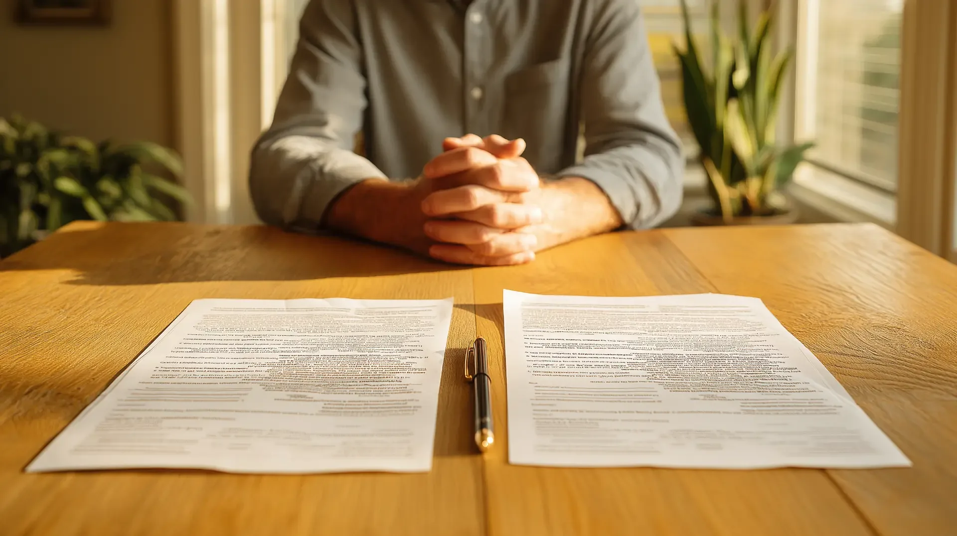 Patient comparing two written full-arch implant treatment plans, All-on-4 and All-on-6, side by side on a table with a pen between them