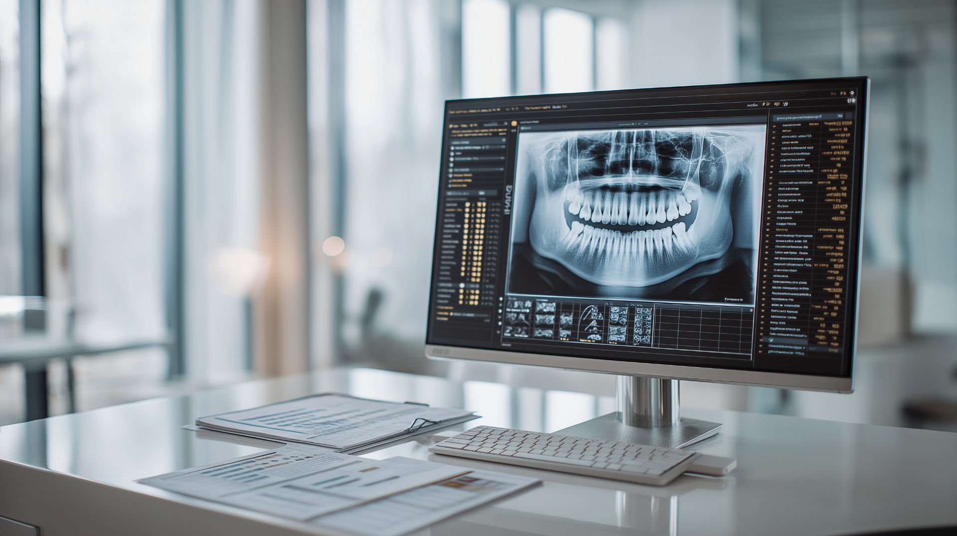 CBCT dental scan on a monitor with implant treatment planning software and printed treatment plan