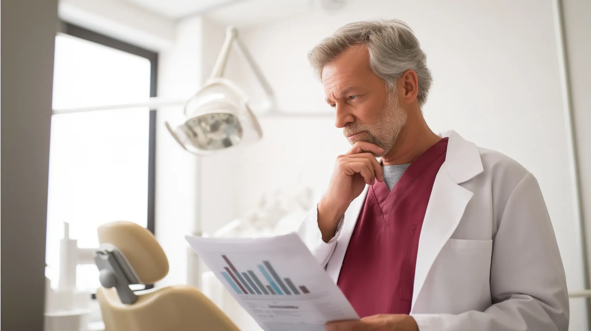 Dentist in a white coat and scrubs standing in a bright clinic, reading a printed dental marketing agency report with bar charts, hand on chin, checking whether the numbers match real patient cases
