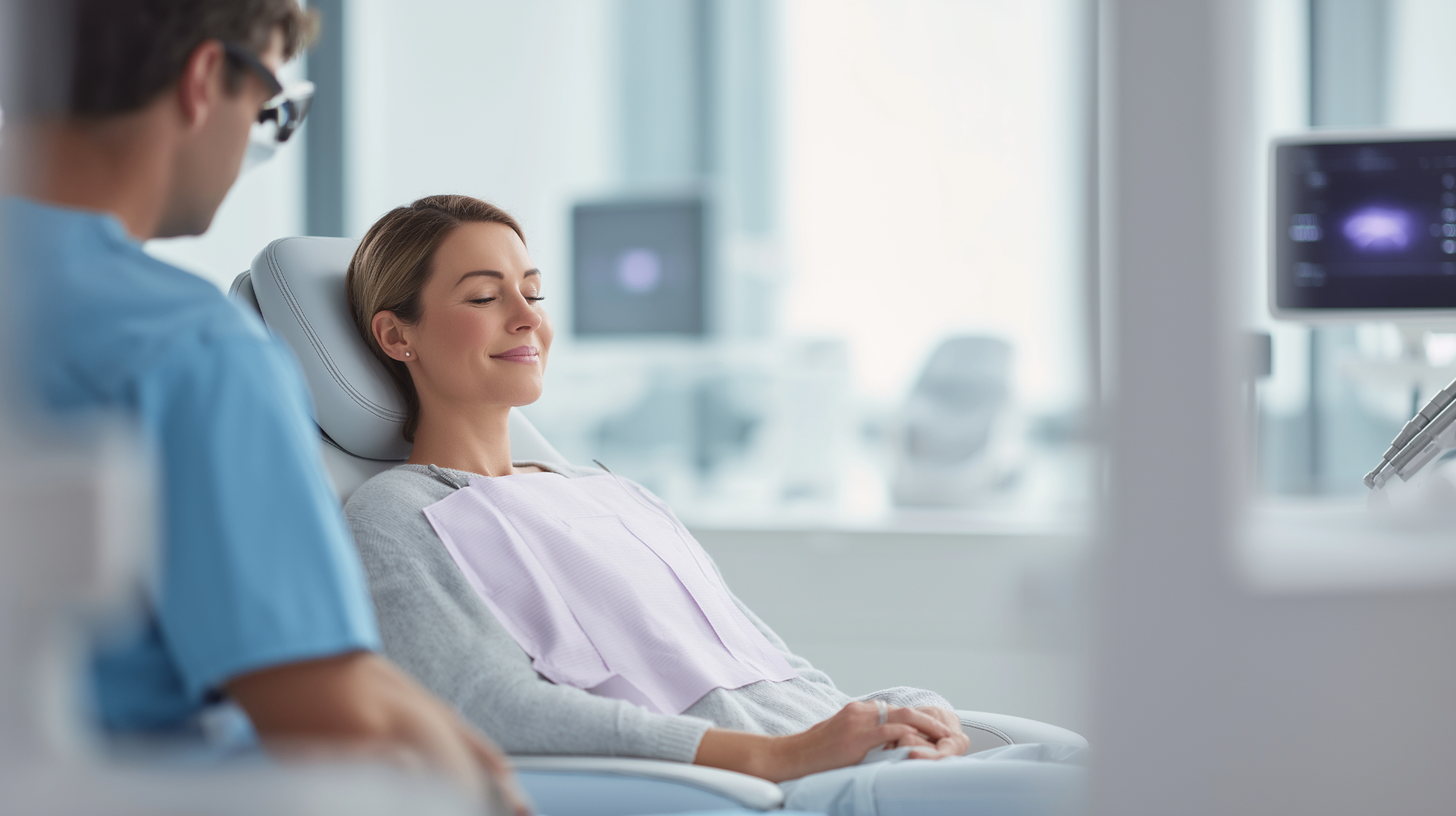 Relaxed patient resting comfortably under IV sedation as an implant dentist monitors her in a modern dental operatory