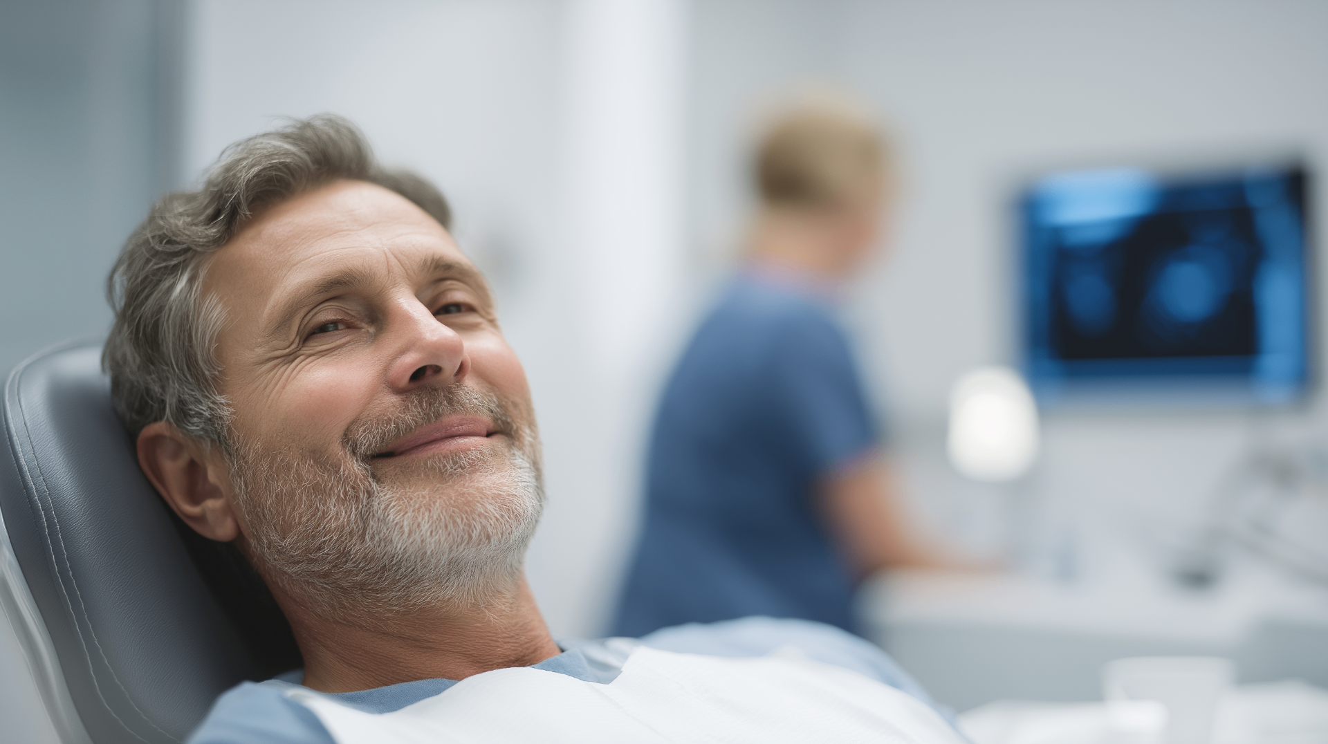 Relaxed implant patient smiling in a dental chair after comfortable IV sedation treatment, clinician in background