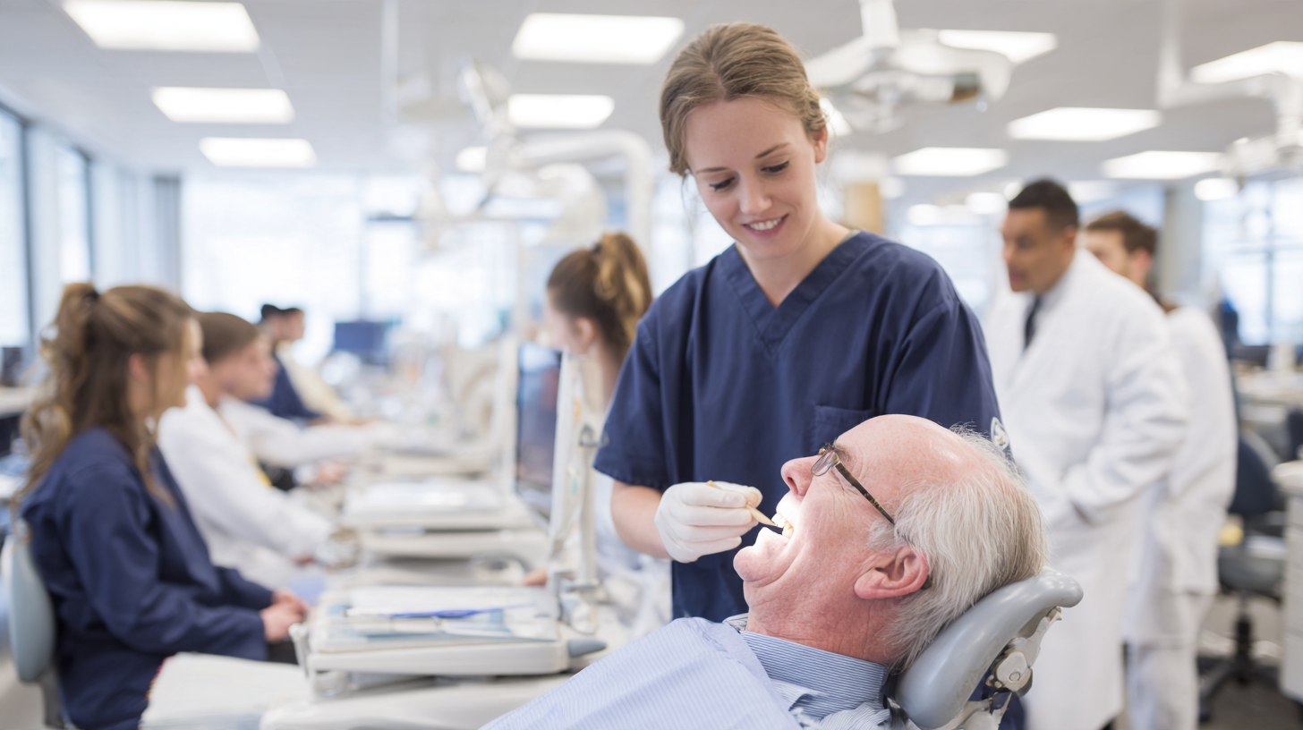 Dental student providing low-cost dental care to an older patient in a university clinic training program