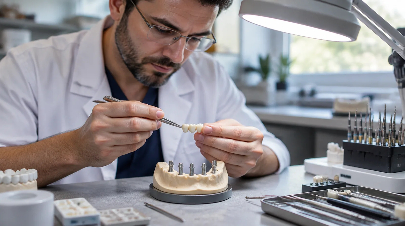 Prosthodontist adjusting one of three separate bridge segments on a model at a lab bench under a work lamp