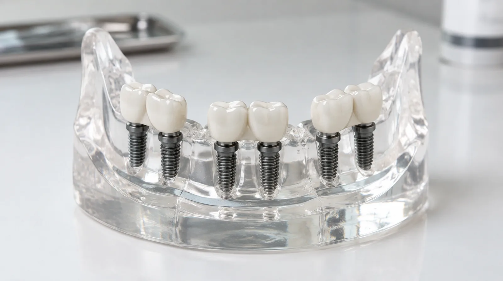 Dental model showing a full arch restored with three separate bridges on six implants, on a clear acrylic base
