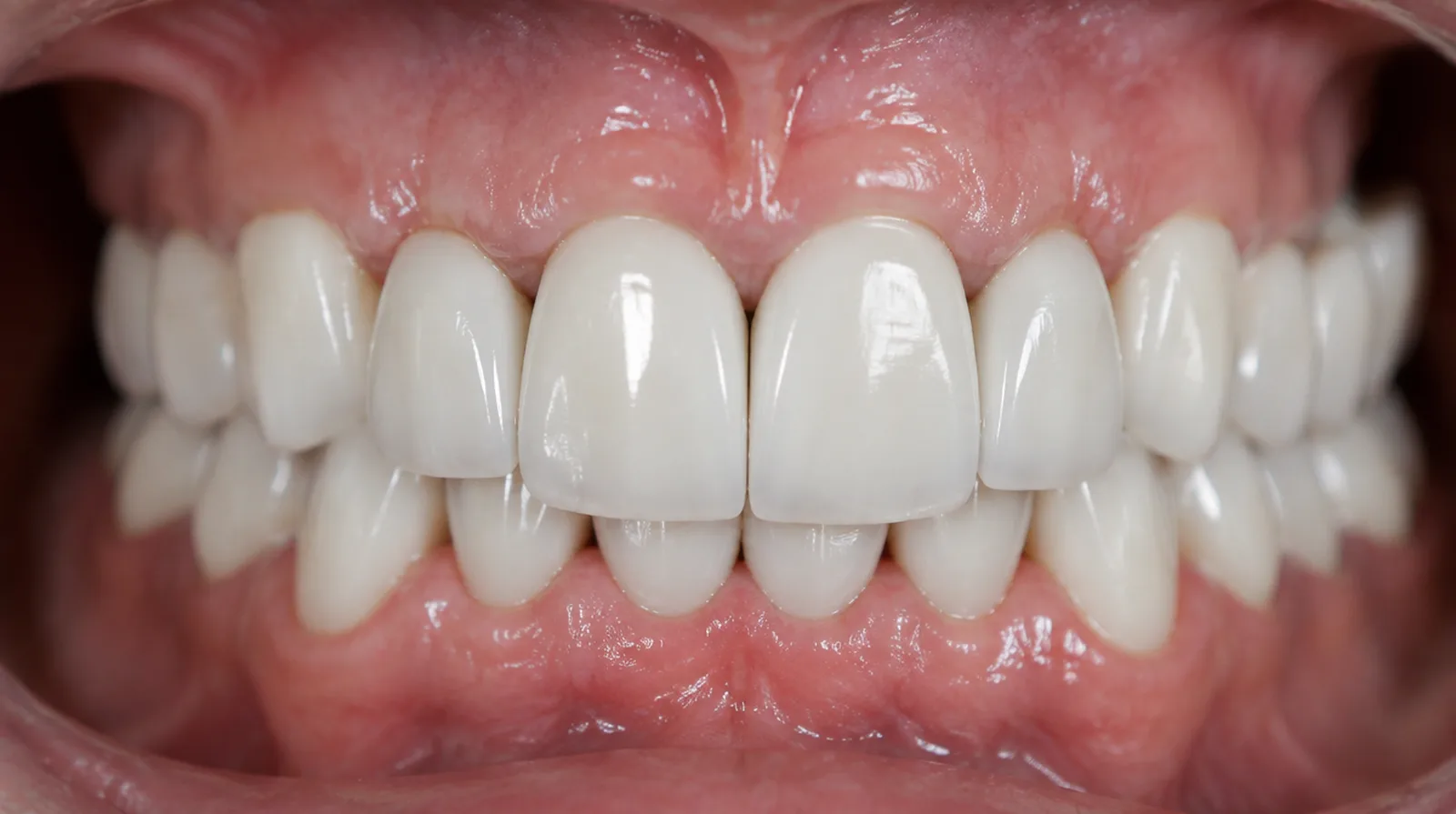 Close-up of a segmented implant bridge in a patient's mouth with visible gaps between segments at the gum line