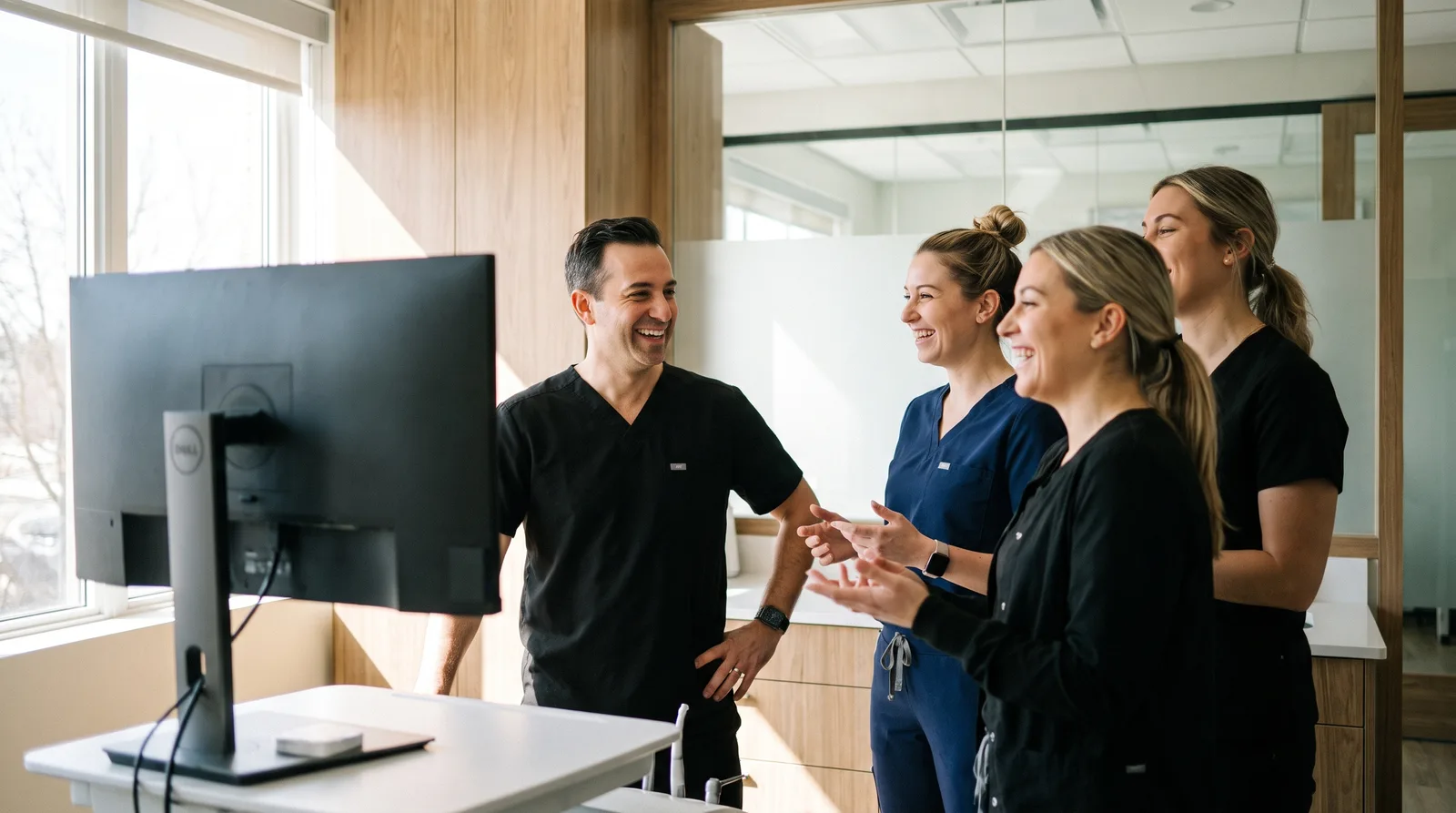 Small dental team gathered around a monitor in a consultation room reviewing a case plan, screen turned away