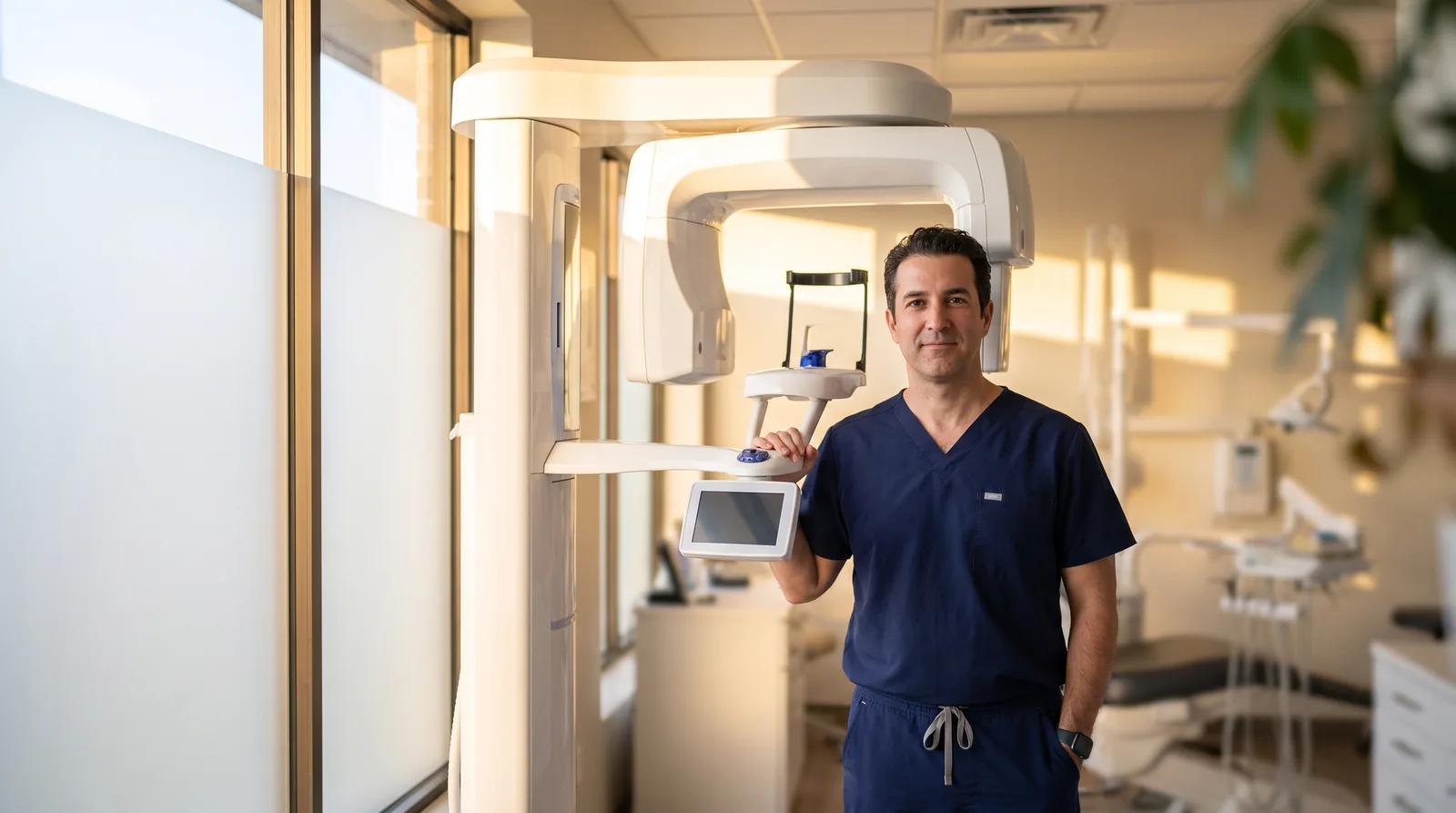 General dentist in scrubs standing in an operatory beside a new cone-beam CT scanner, morning light