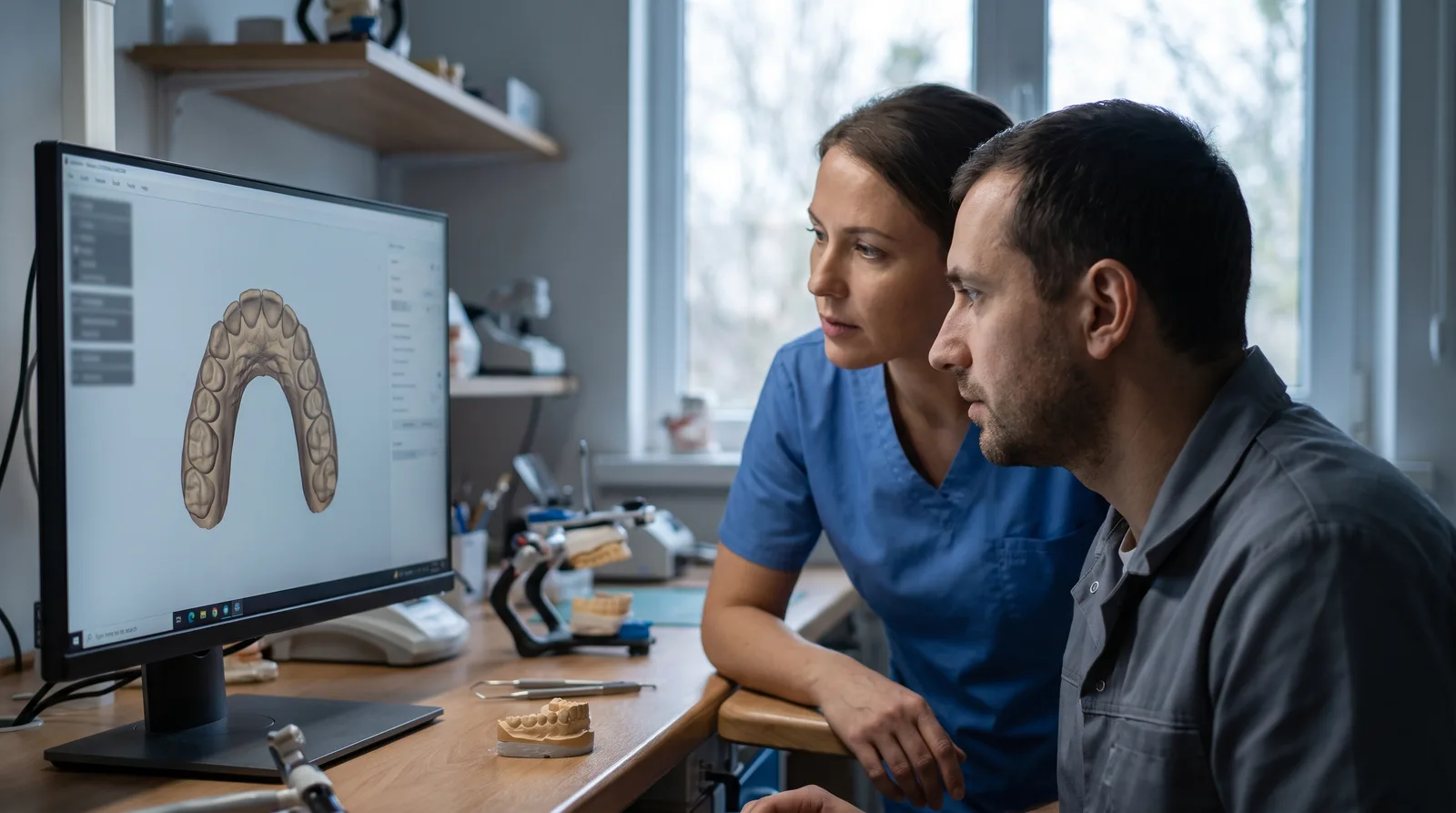 Dentist and lab technician reviewing a digital full-arch design on a monitor, interface panels blurred