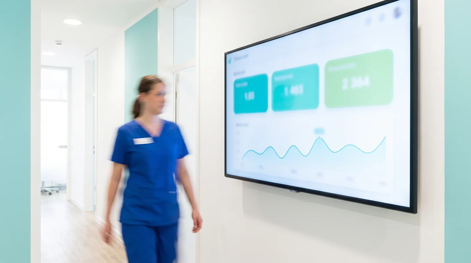 A marketing dashboard on a wall-mounted screen showing lead response time, Messenger reply rate, and booked consults by source for the month