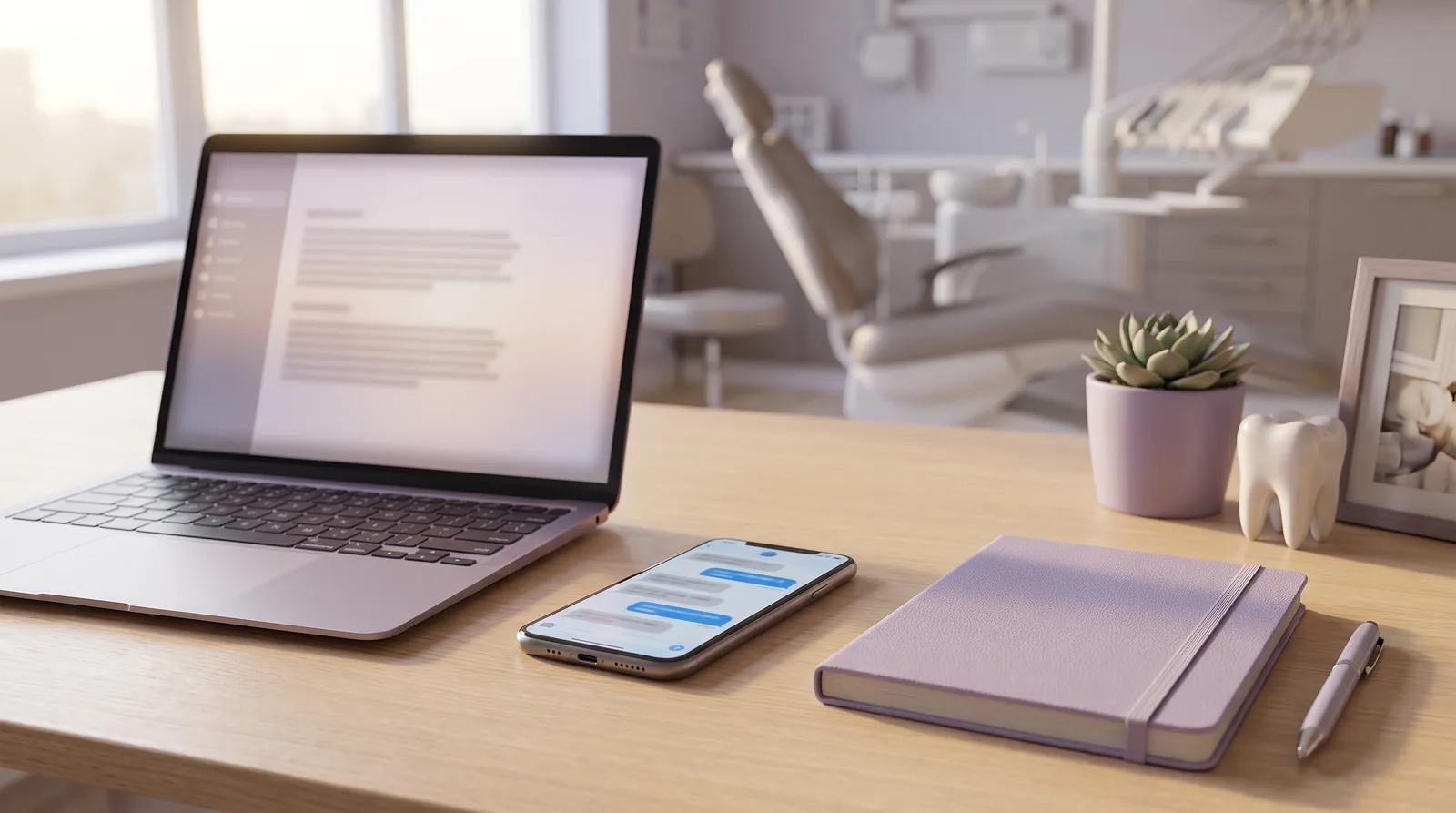 A treatment coordinator's desk with a laptop showing an AI meeting summary of a full-arch consultation beside a phone with a Messenger auto-reply thread open